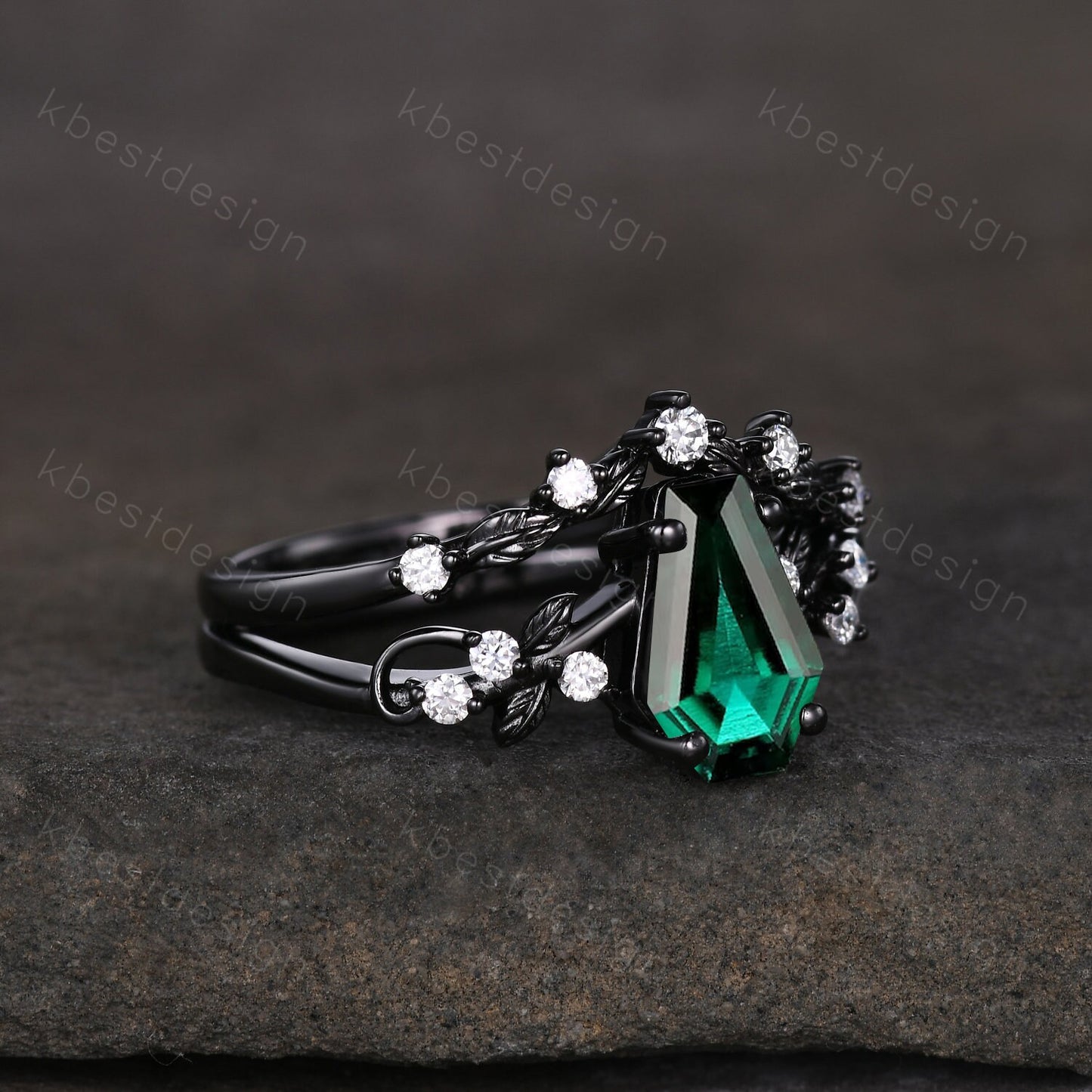 Vintage coffin green emerald engagement ring set black gold twig leaf moissanite ring May birthstone ring unique bridal wedding ring set