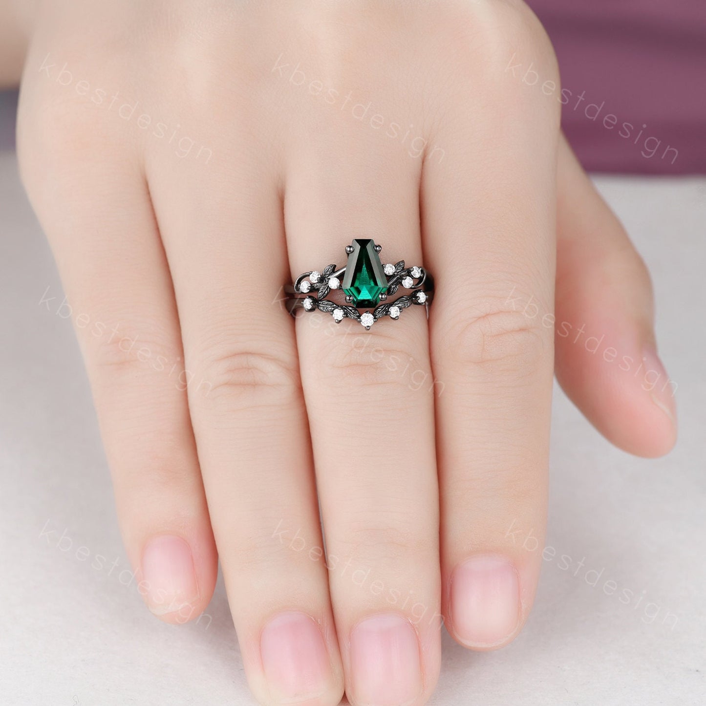 Vintage coffin green emerald engagement ring set black gold twig leaf moissanite ring May birthstone ring unique bridal wedding ring set