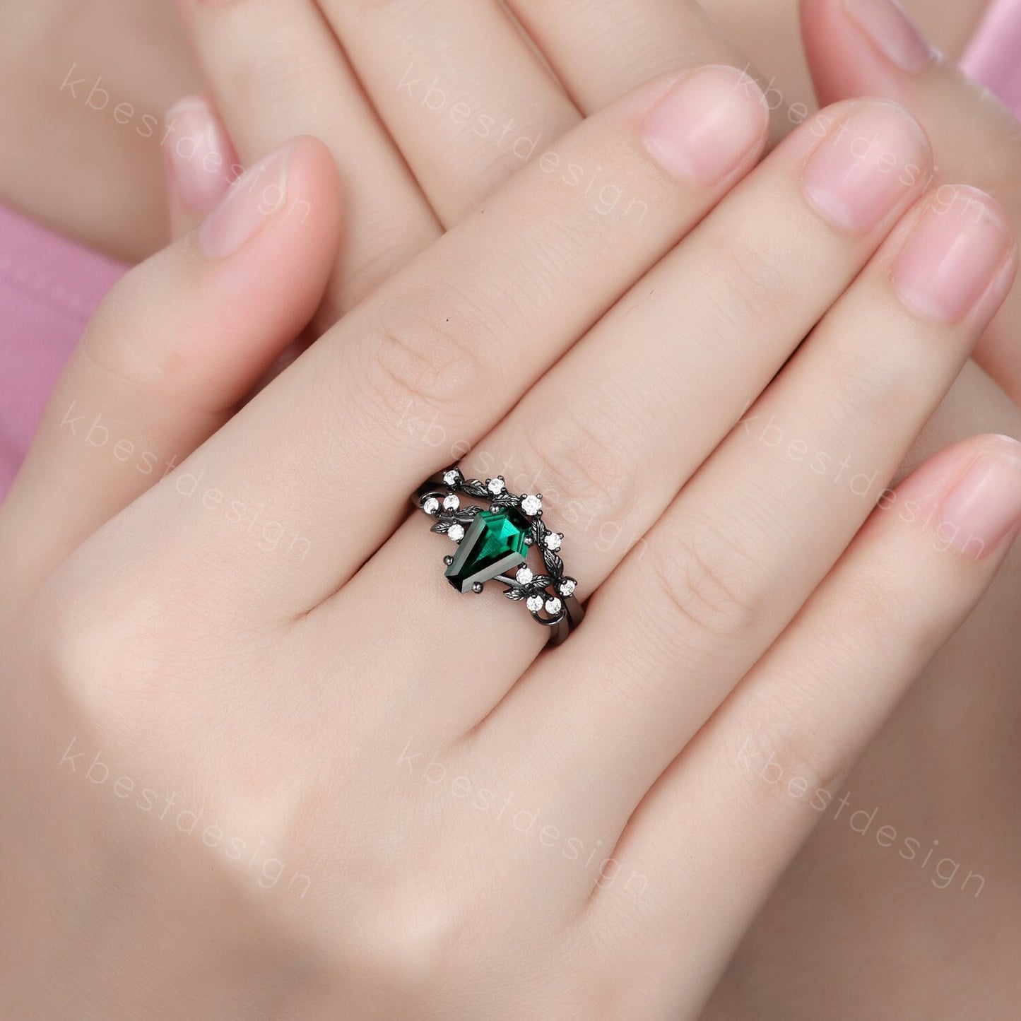 Vintage coffin green emerald engagement ring set black gold twig leaf moissanite ring May birthstone ring unique bridal wedding ring set