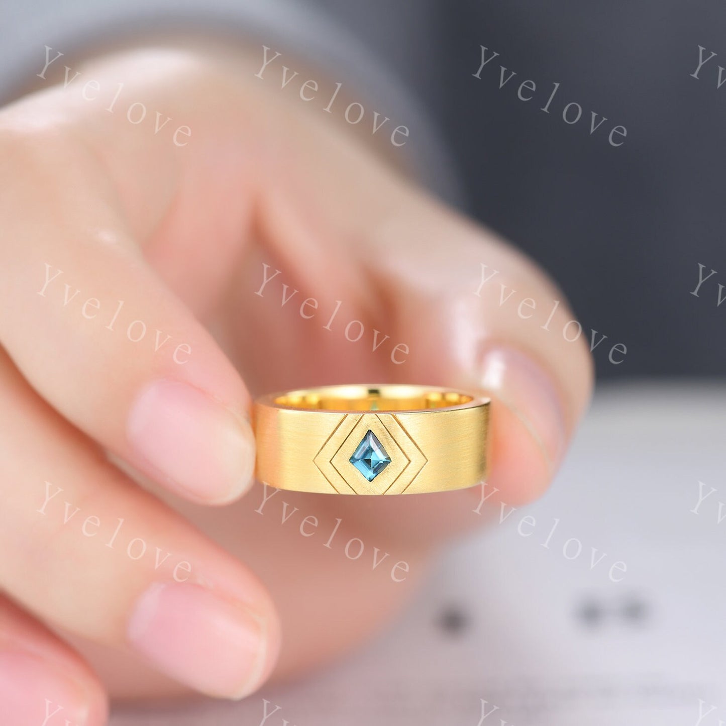 7mm Solid Gold Mens Kite Cut London Blue Topaz Wedding Band Topaz Engagement Ring Matte Finished Band Mens Stacking Band His Wedding band
