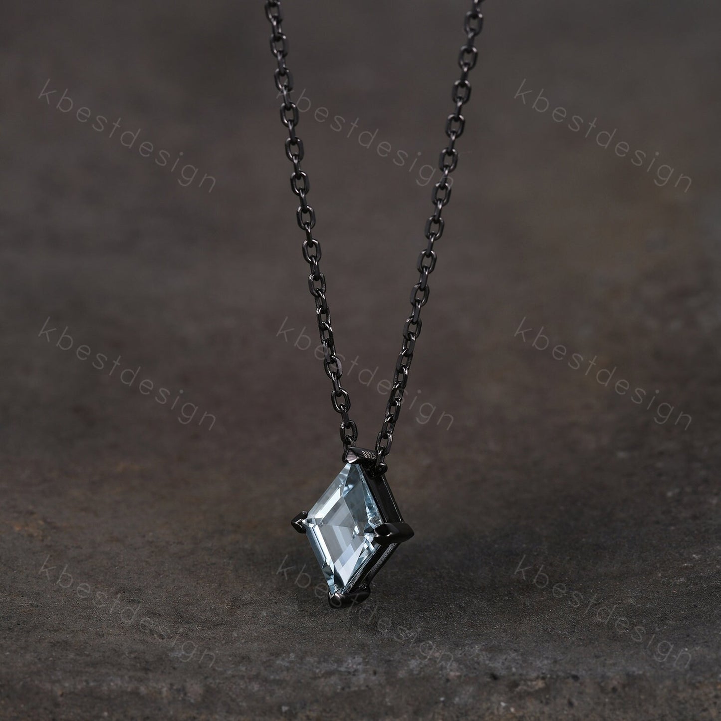 Lozenge cut Aquamarine Necklace Black Gold Rhodium Plated Necklace March Birthstone Necklace Unique Personalized Pendant Gift for Her