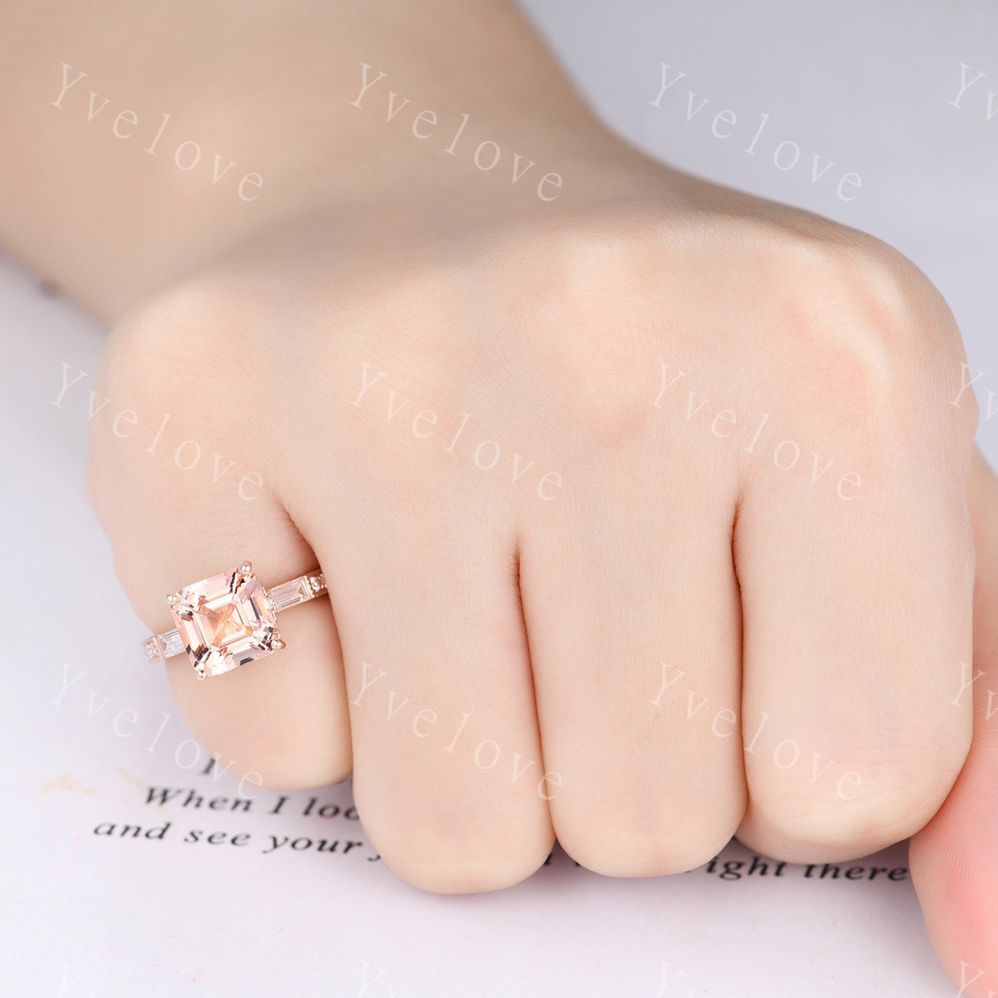 Asscher cut pink morganite engagement ring art deco natural gemstone baguette diamond wedding band 14k rose gold hand carved milgrain Ring