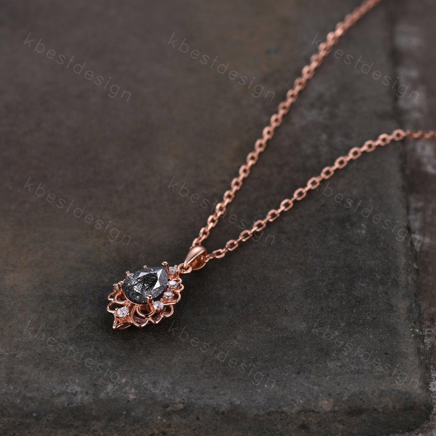 Vintage 1.5CT Black Rutilated Quartz Necklace, Rose Gold Pear cut Pendant, Black Gemstone Jewelry, Unique Art Deco Bridal Promise Gift