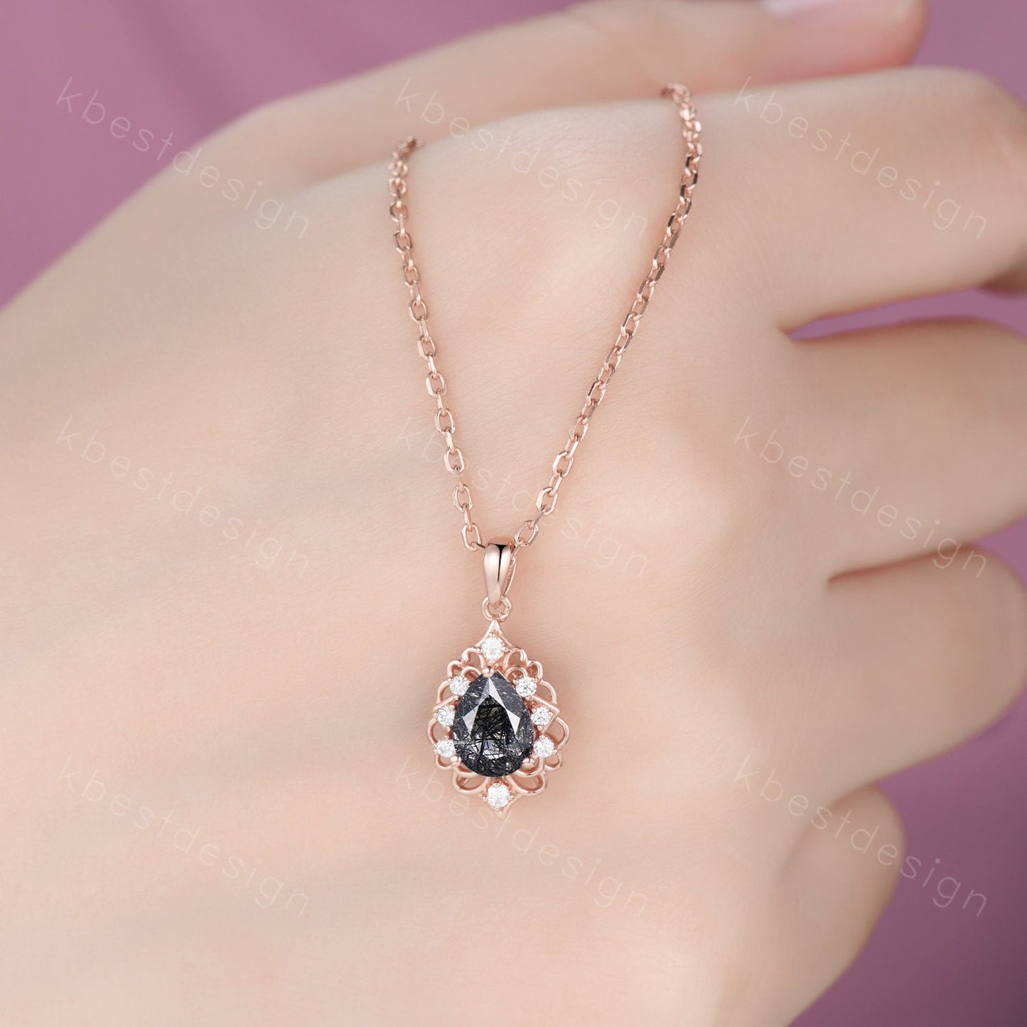 Vintage 1.5CT Black Rutilated Quartz Necklace, Rose Gold Pear cut Pendant, Black Gemstone Jewelry, Unique Art Deco Bridal Promise Gift