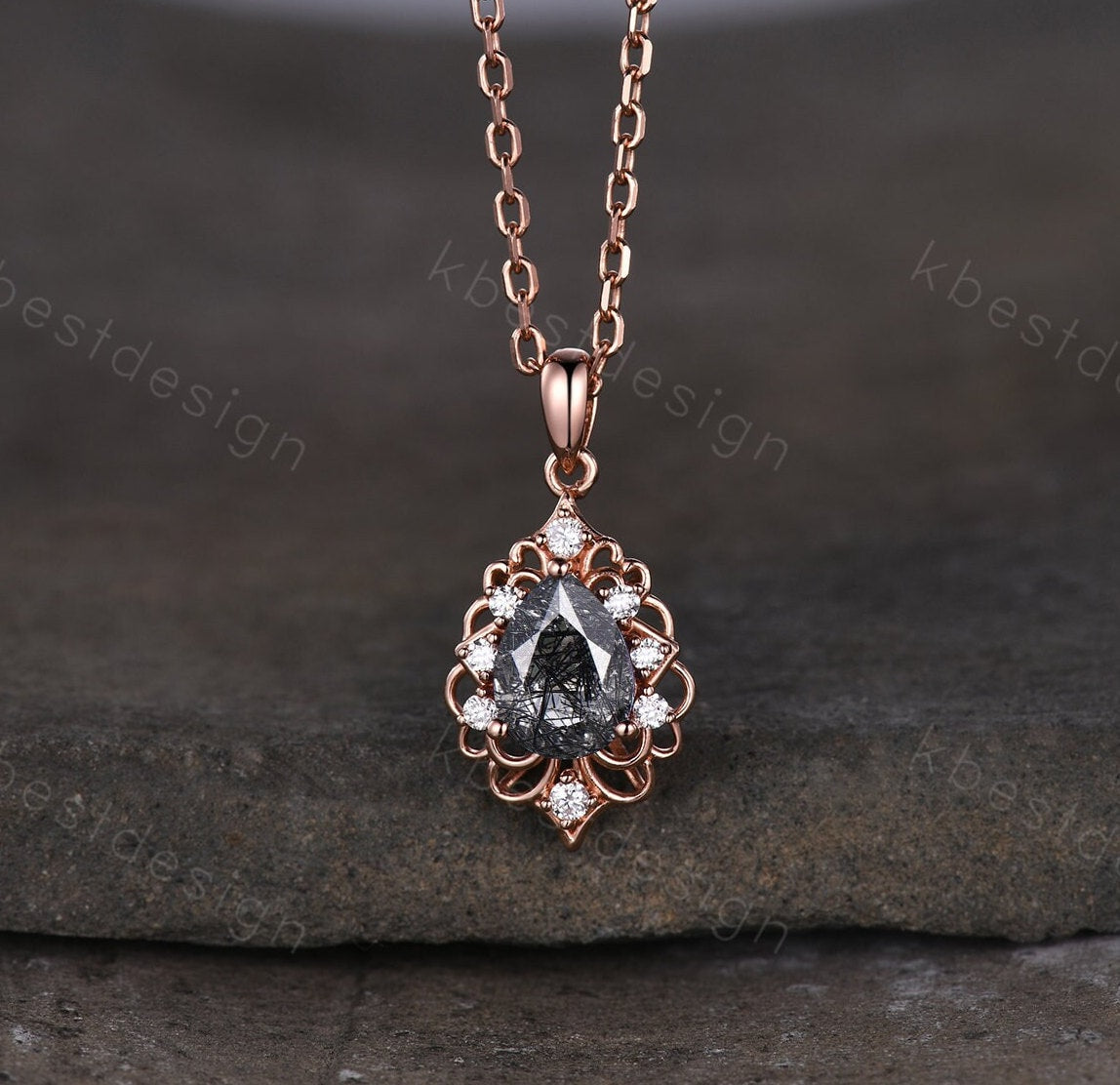 Vintage 1.5CT Black Rutilated Quartz Necklace, Rose Gold Pear cut Pendant, Black Gemstone Jewelry, Unique Art Deco Bridal Promise Gift