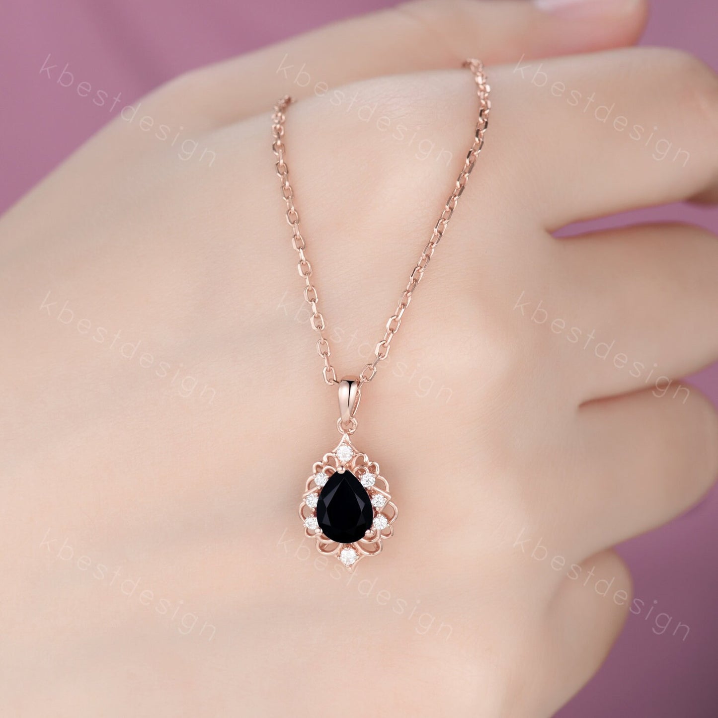 Vintage 1.5CT Black Onyx Necklace, Rose Gold Pear cut Black Onyx Pendant, Black Gemstone Jewelry, Unique Art Deco Bridal Promise Gift