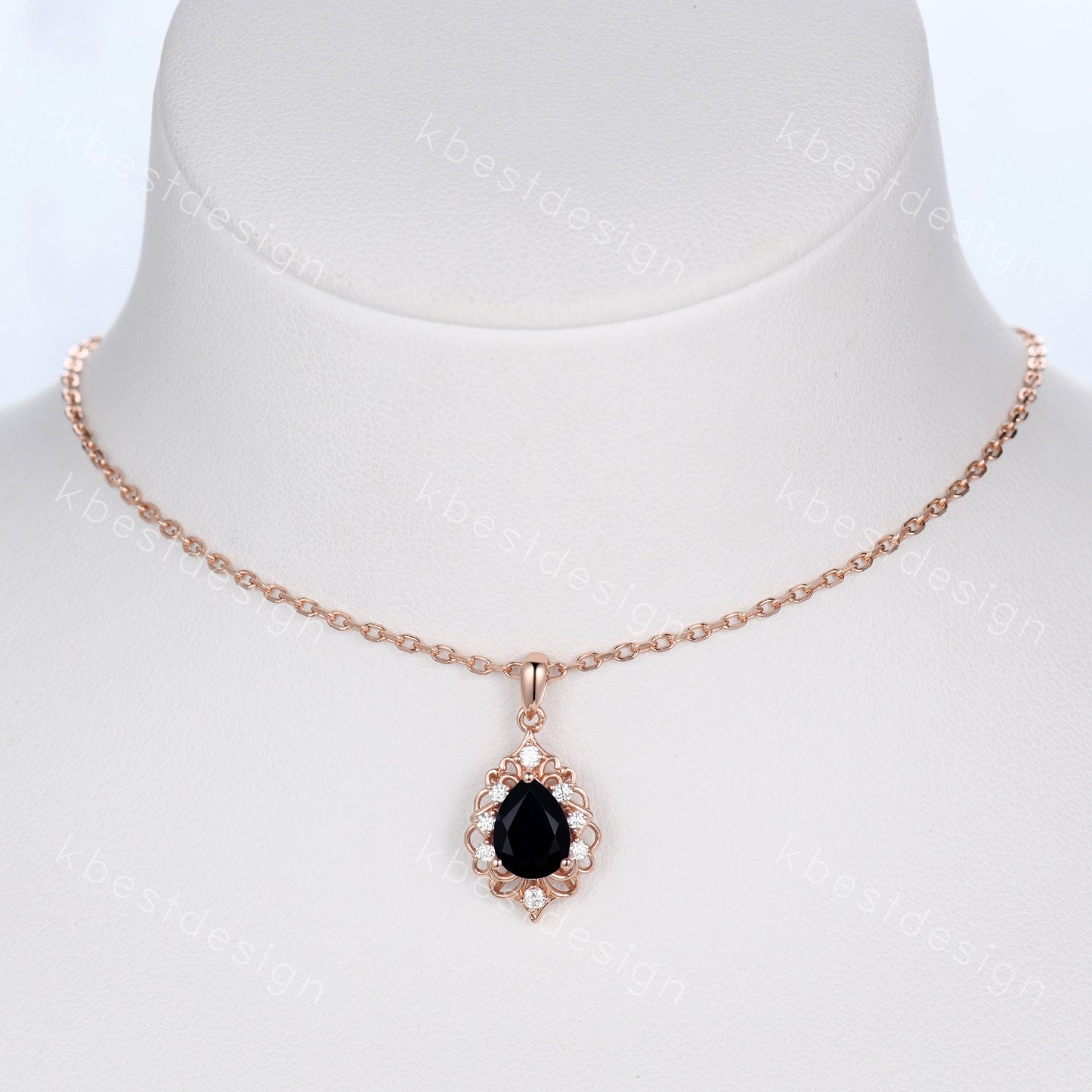 Vintage 1.5CT Black Onyx Necklace, Rose Gold Pear cut Black Onyx Pendant, Black Gemstone Jewelry, Unique Art Deco Bridal Promise Gift