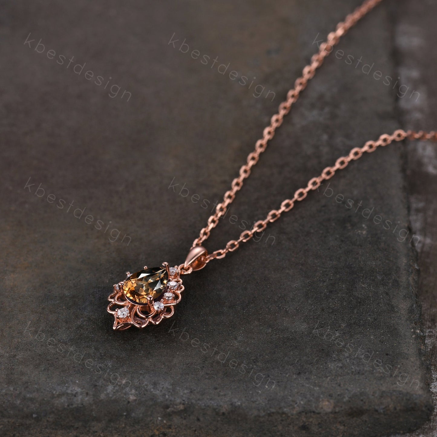 Vintage Smoky Quartz Necklace, Rose Gold Pear cut Brown Quartz Pendant, Natural Crystal Jewelry, Unique Art Deco Bridal Promise Gift