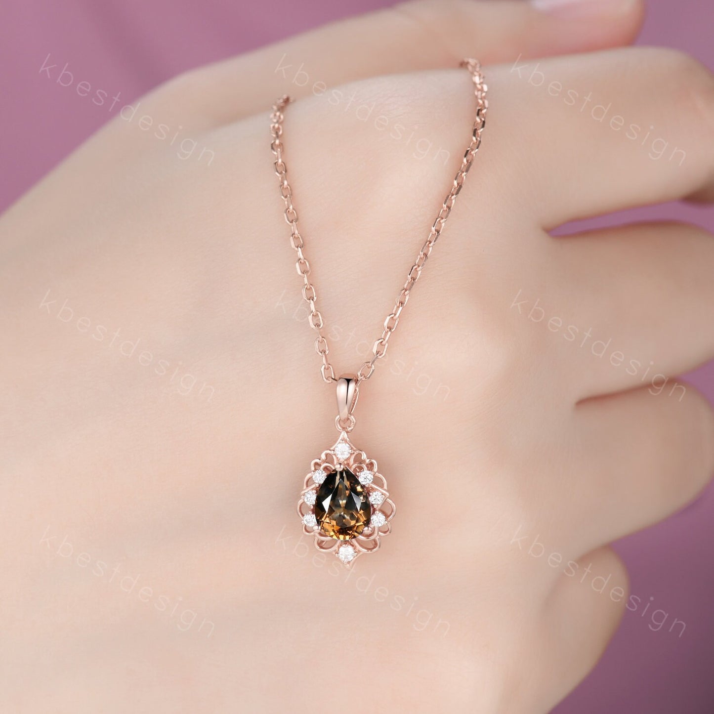 Vintage Smoky Quartz Necklace, Rose Gold Pear cut Brown Quartz Pendant, Natural Crystal Jewelry, Unique Art Deco Bridal Promise Gift