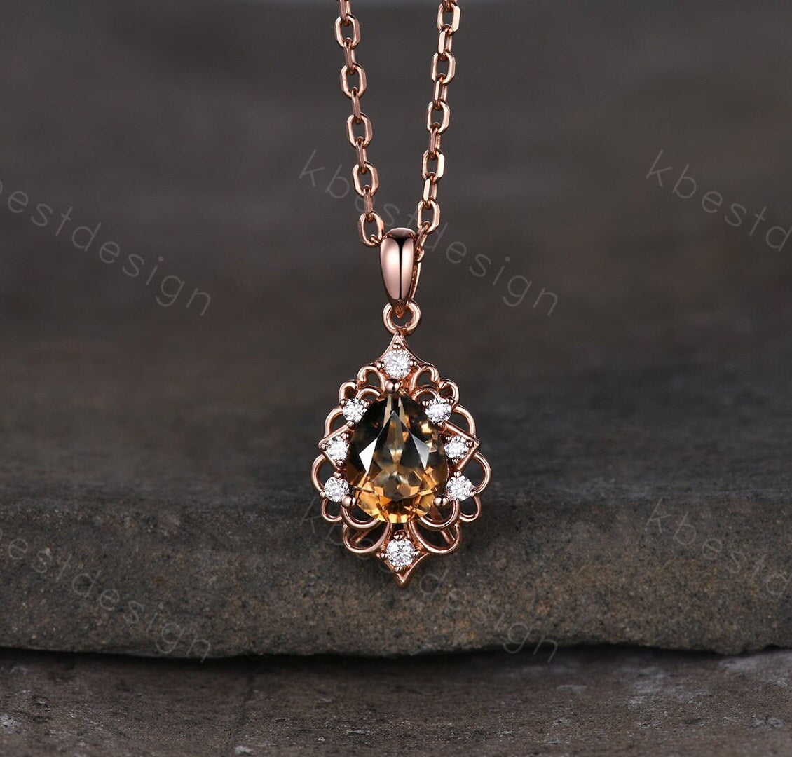 Vintage Smoky Quartz Necklace, Rose Gold Pear cut Brown Quartz Pendant, Natural Crystal Jewelry, Unique Art Deco Bridal Promise Gift