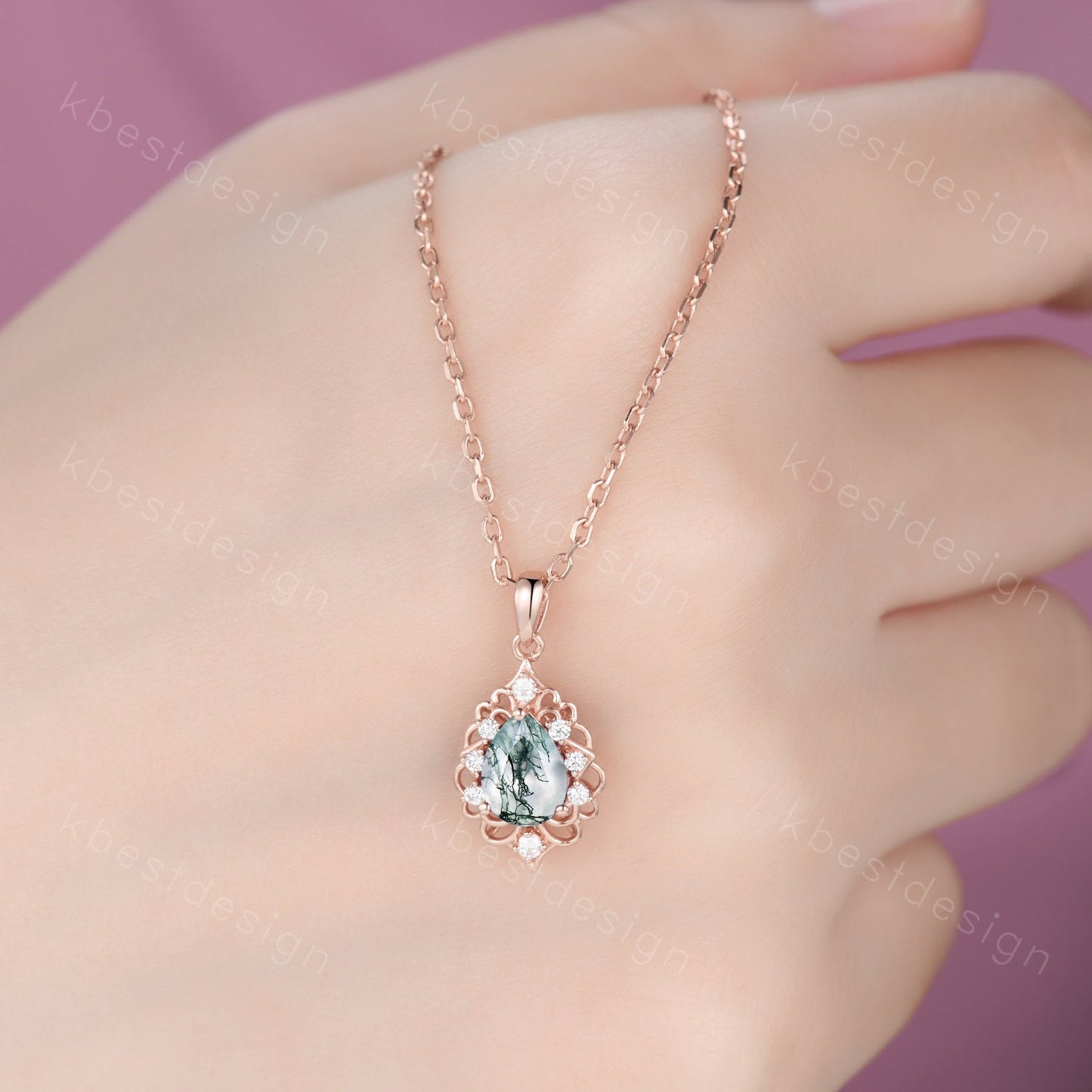 Pear cut natural moss agate necklace vintage women rose gold necklace pear cut green agate pendant unique art deco bridal promise gift