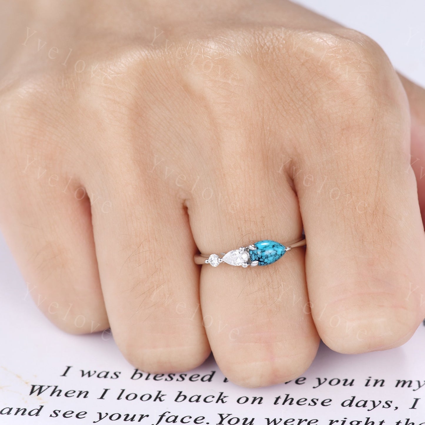 Vintage Turquoise Ring Engagement Ring,Pear Cut Gems,Art Deco Moissanite Wedding Band,3 Stone Unique Women Bridal Promise Ring,Rose gold