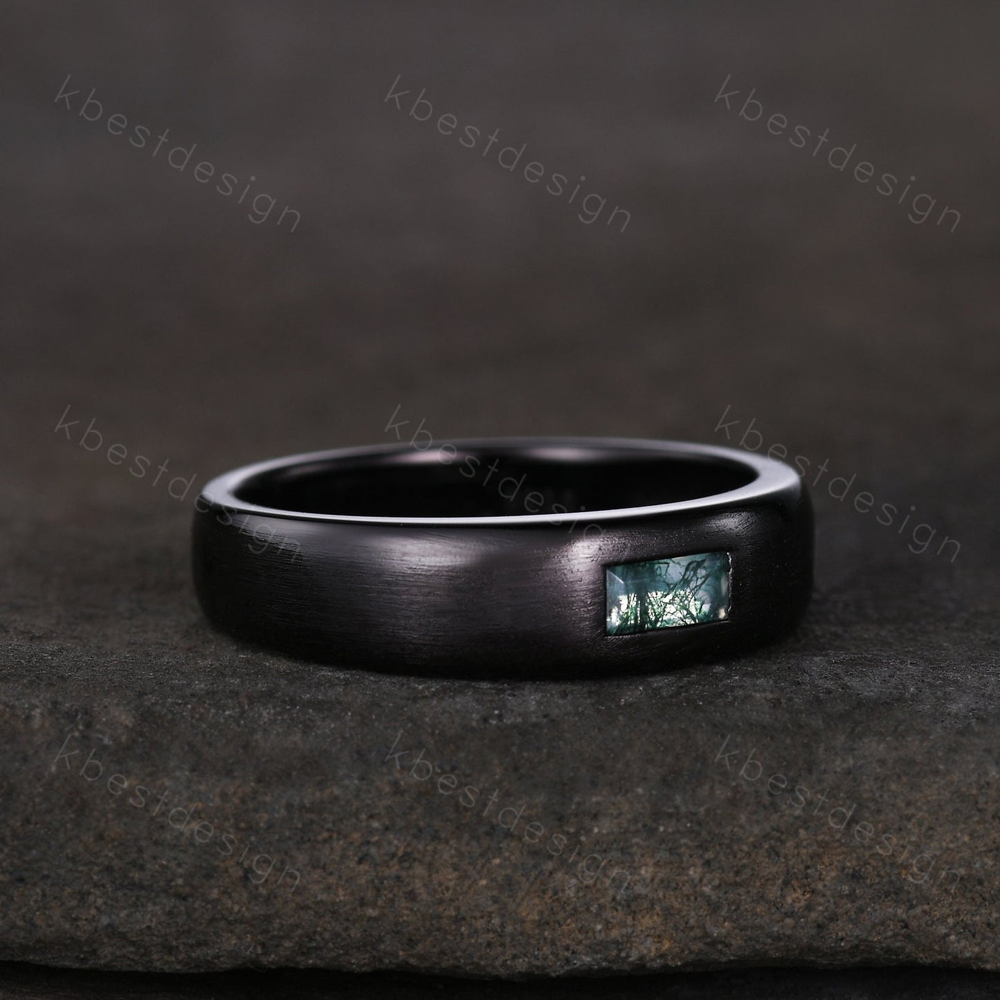 Mens Moss agate Wedding Band Baguette Cut Green Agate Band 5mm Black Gold Men's Stacking Matching Band Brushed Finish Band Gift for Him