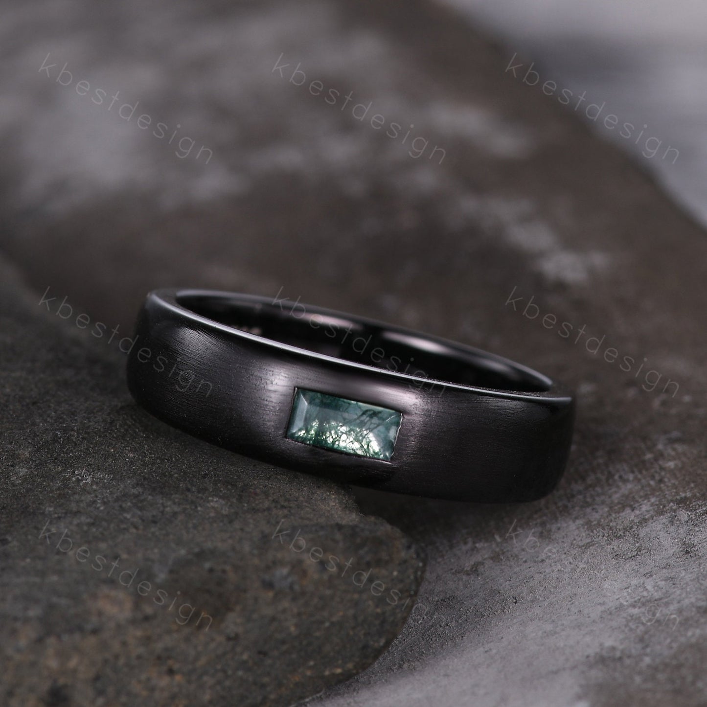 Mens Moss agate Wedding Band Baguette Cut Green Agate Band 5mm Black Gold Men's Stacking Matching Band Brushed Finish Band Gift for Him