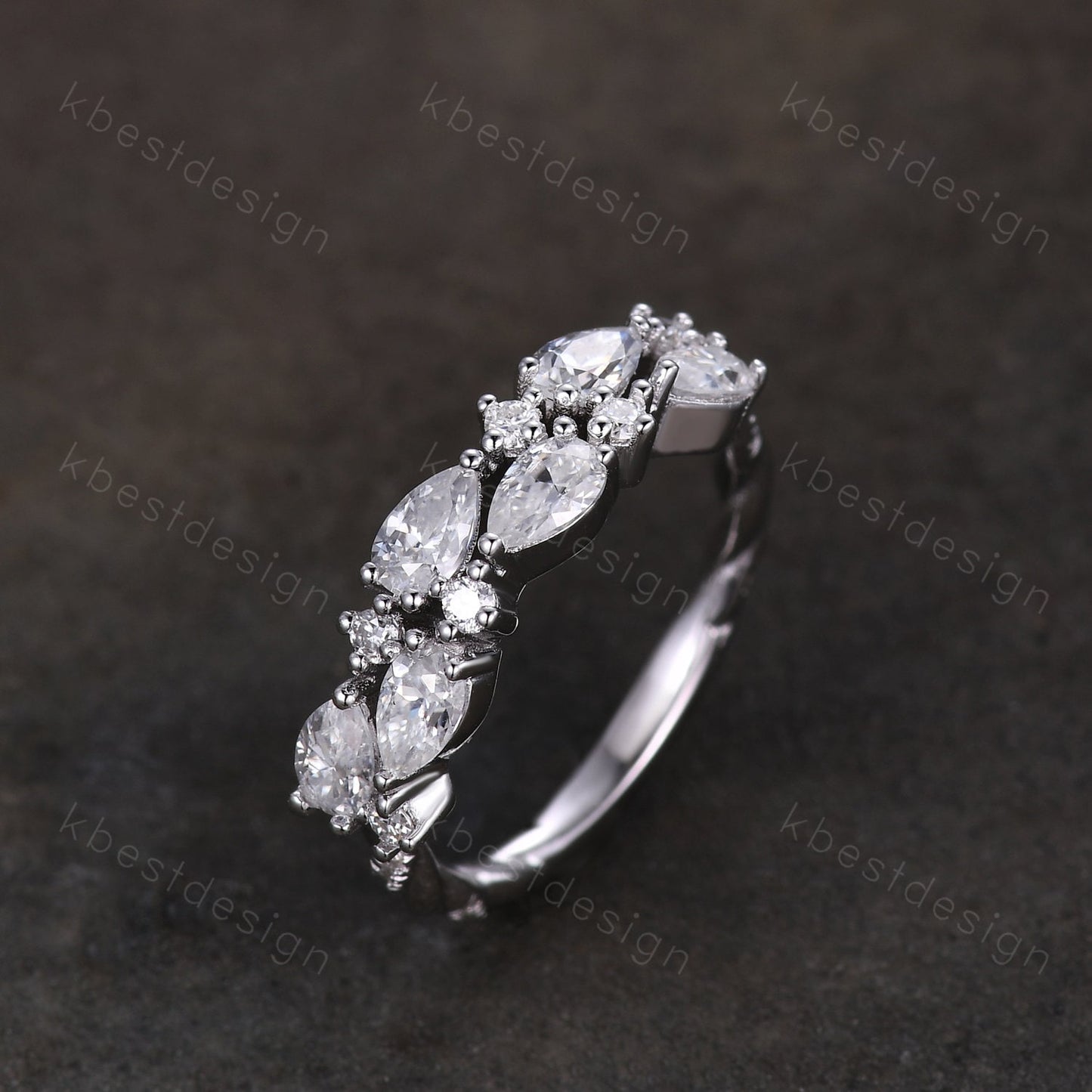 Vintage Moissanite wedding band women Pear cut Half eternity band Sterling silver wedding band Unique Stacking Matching bridal promise ring