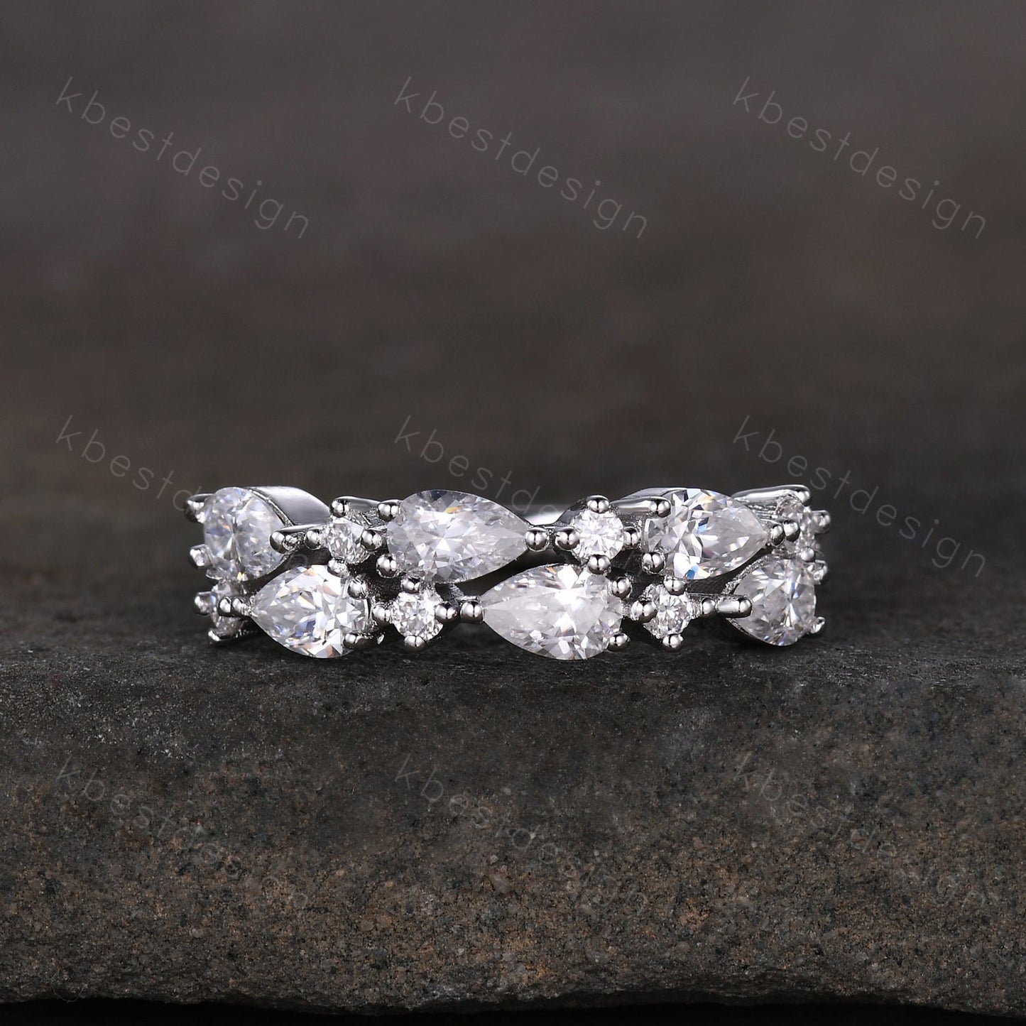 Vintage Moissanite wedding band women Pear cut Half eternity band Sterling silver wedding band Unique Stacking Matching bridal promise ring