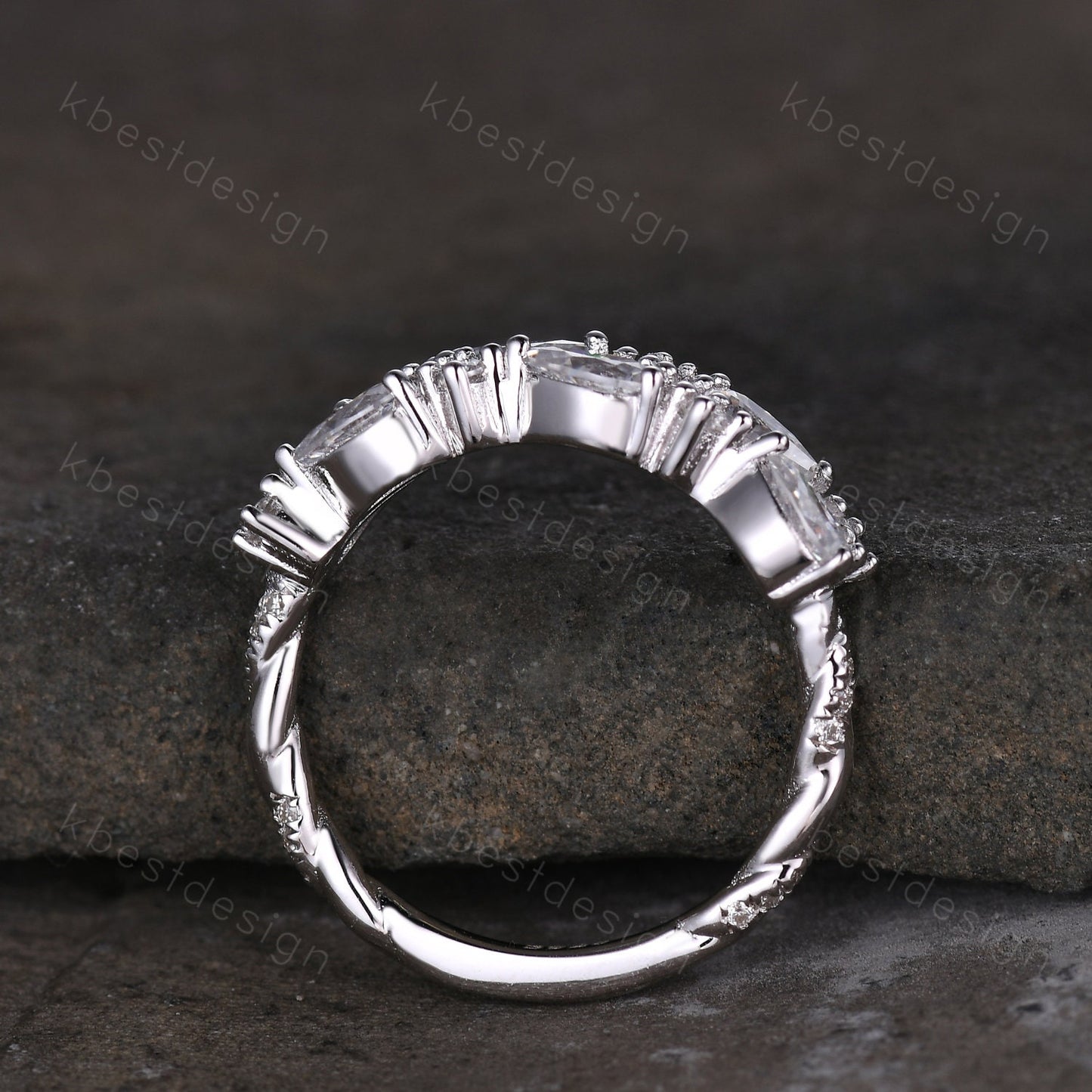 Vintage Moissanite wedding band women Pear cut Half eternity band Sterling silver wedding band Unique Stacking Matching bridal promise ring