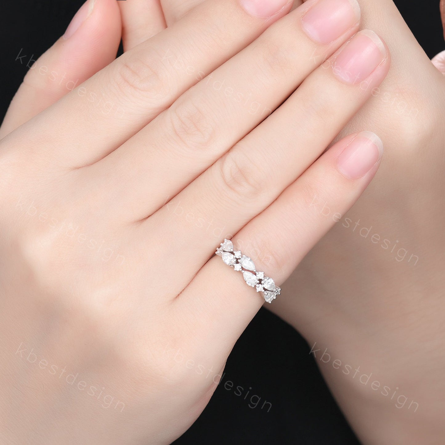 Vintage Moissanite wedding band women Pear cut Half eternity band Sterling silver wedding band Unique Stacking Matching bridal promise ring