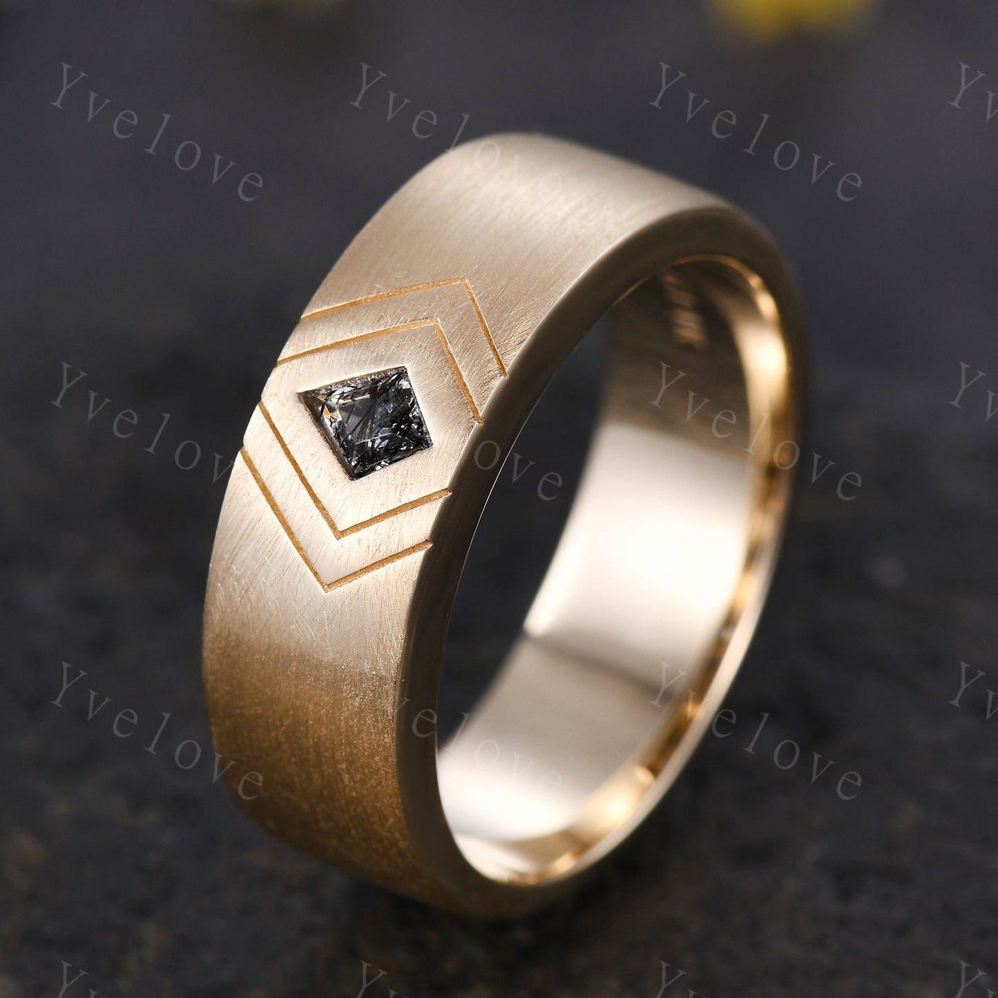 7mm White Gold Mens Kite Cut Black Quartz Wedding Band Black Jewelry Engagement Ring Matt Finish Band Mens Stacking Band His Wedding band