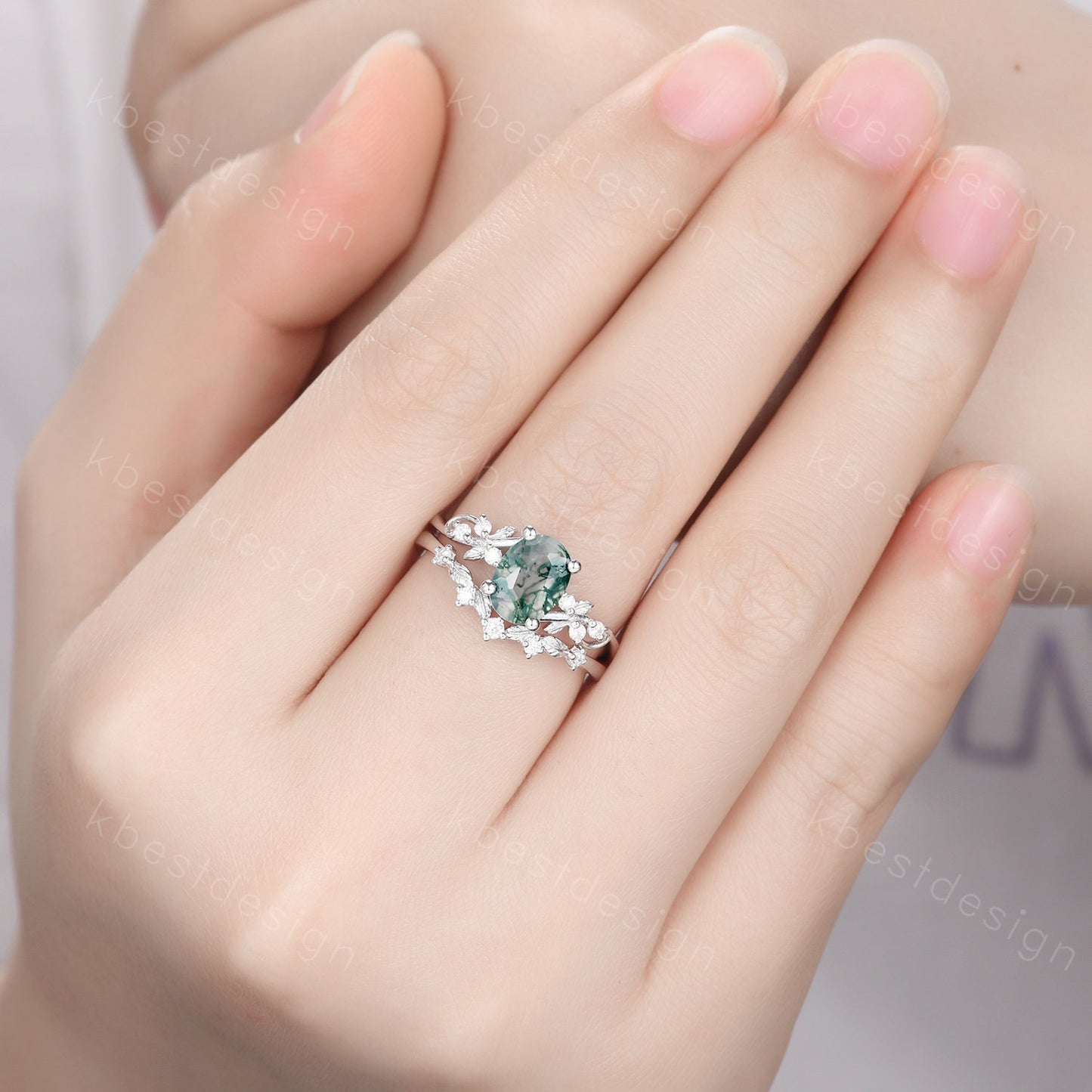 Vintage oval moss agate engagement ring set silver ring twig leaf moissanite ring nature branch ring unique art deco bridal wedding ring set