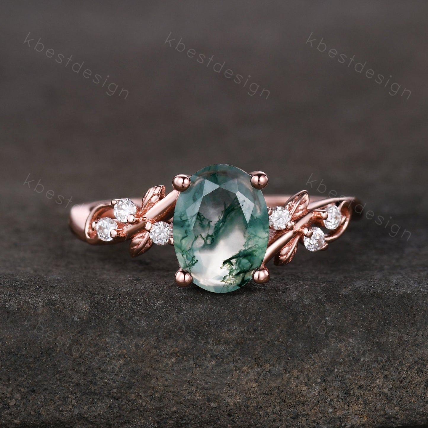 Vintage oval moss agate engagement ring set rose gold twig leaf moissanite ring nature branch ring unique art deco bridal wedding ring set