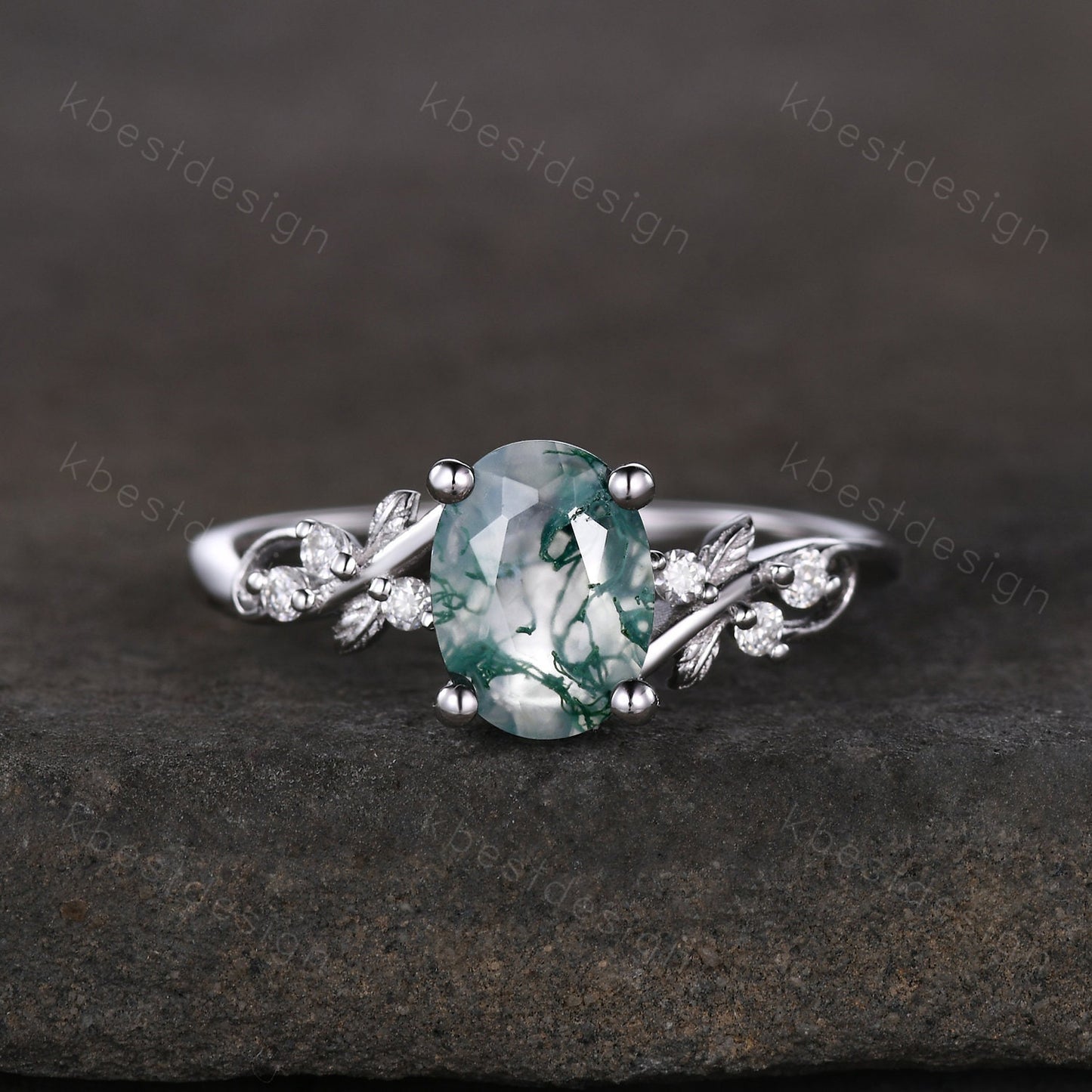 Vintage oval moss agate engagement ring set silver ring twig leaf moissanite ring nature branch ring unique art deco bridal wedding ring set