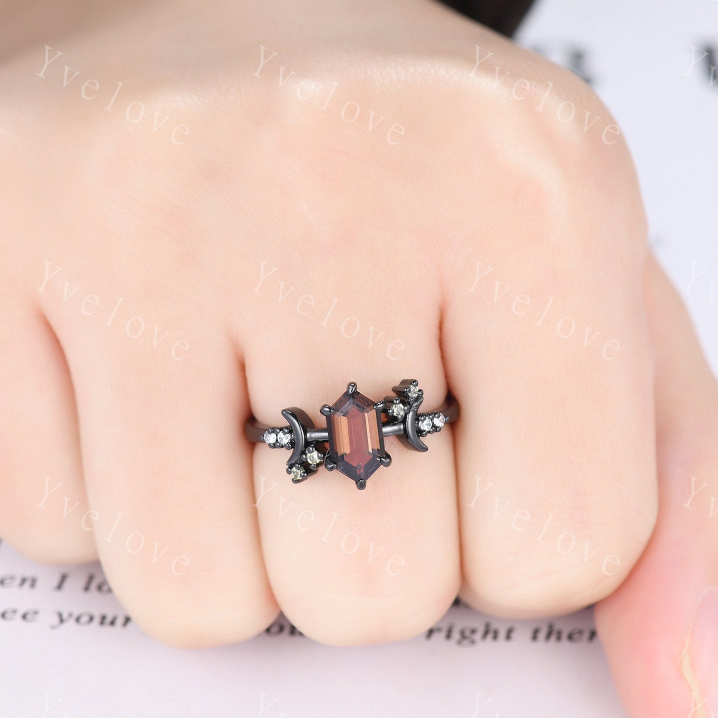 Retro Hexagon Shaped Smoky Quartz Engagement Ring Black Gold Peridot Diamond Ring Moon Star Celestial Ring Unique Asymmetrical Promise Ring