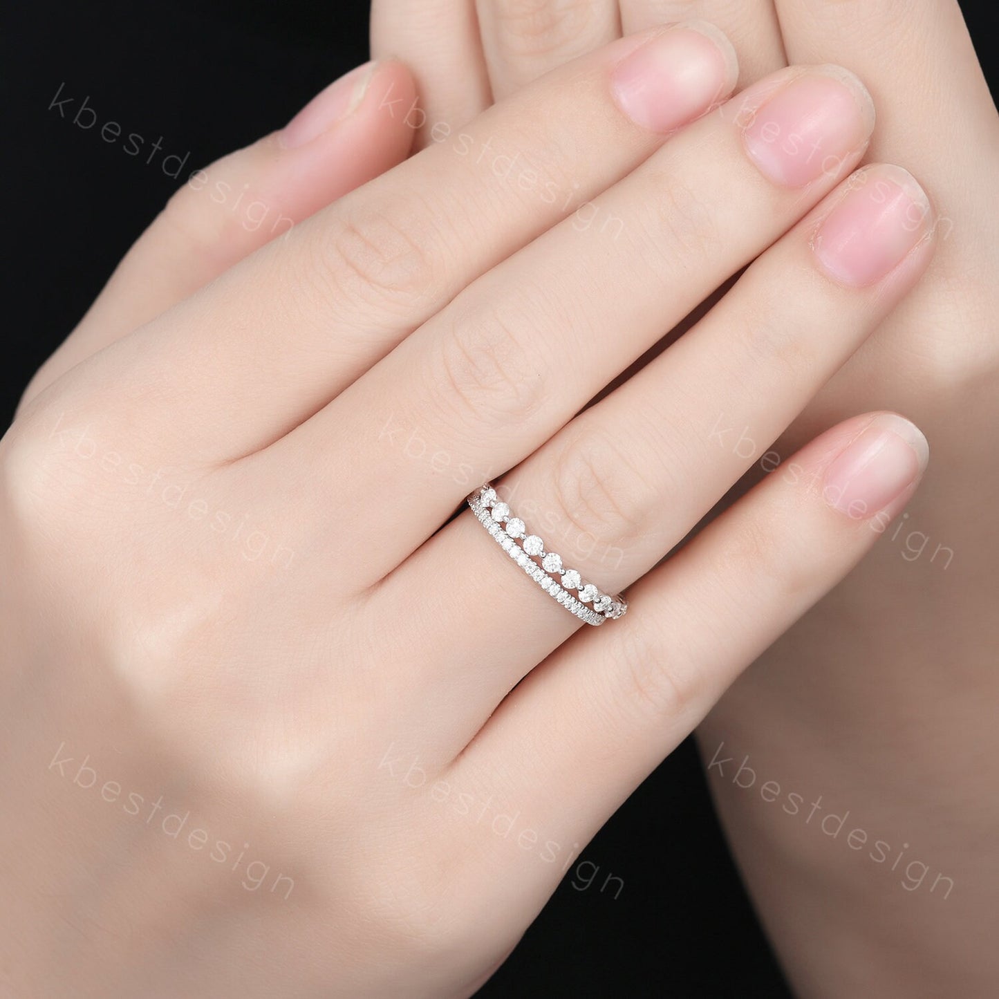 2PCS Moissanite wedding band set women 2mm Round cut eternity band Yellow gold wedding band Unique Stacking Matching anniversary ring gift