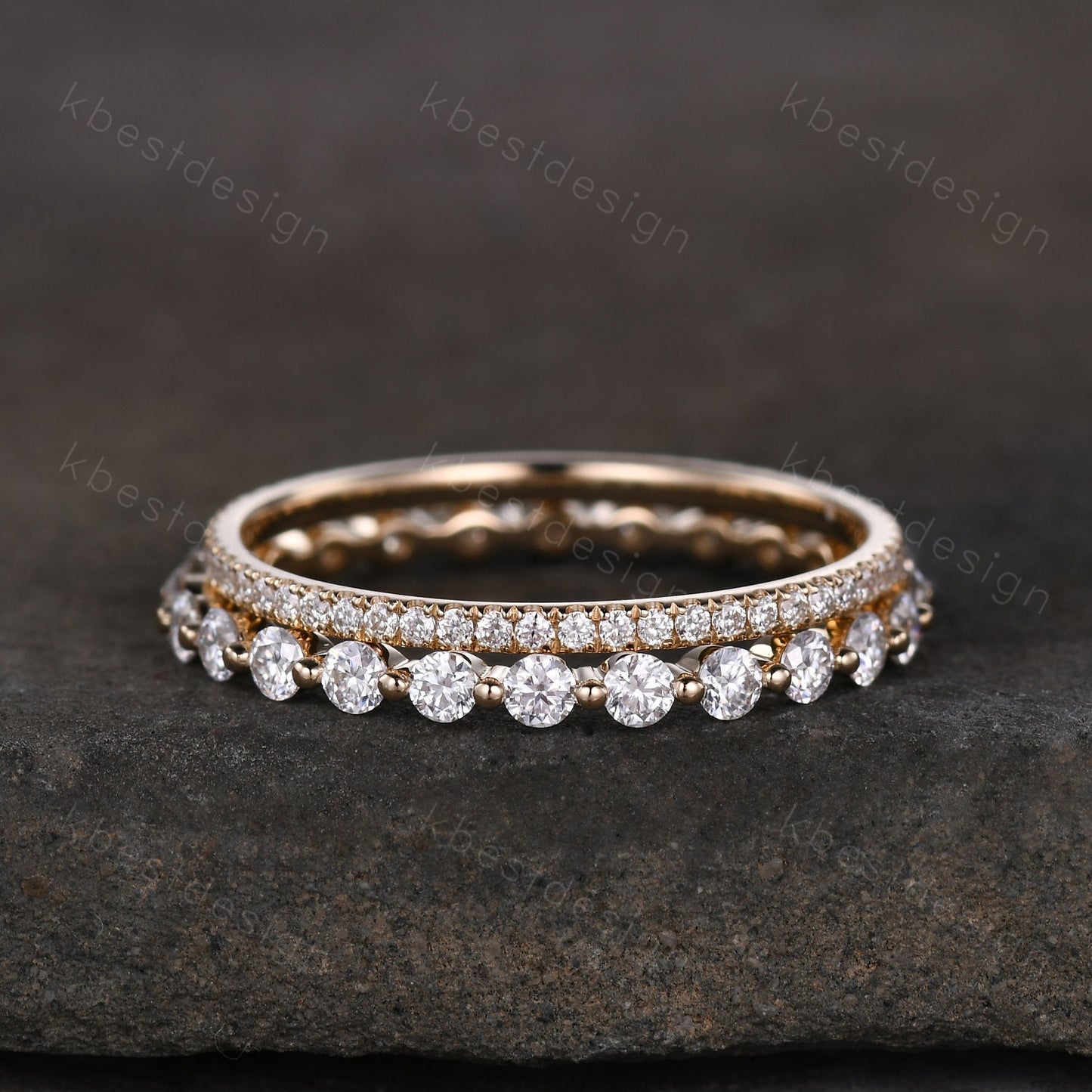 2PCS Moissanite wedding band set women 2mm Round cut eternity band Yellow gold wedding band Unique Stacking Matching anniversary ring gift