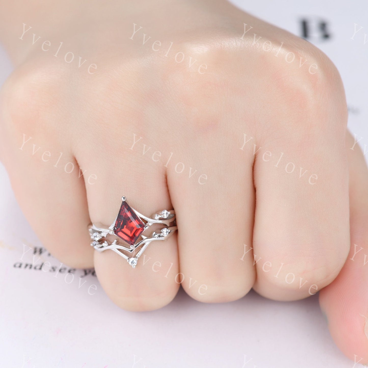 Unique Kite Shaped Red Garnet Engagement Ring,Twisted Ring,Garnet Wedding Band Diamond Bridal Ring,Dainty Twig Promise Ring Anniversary Gift