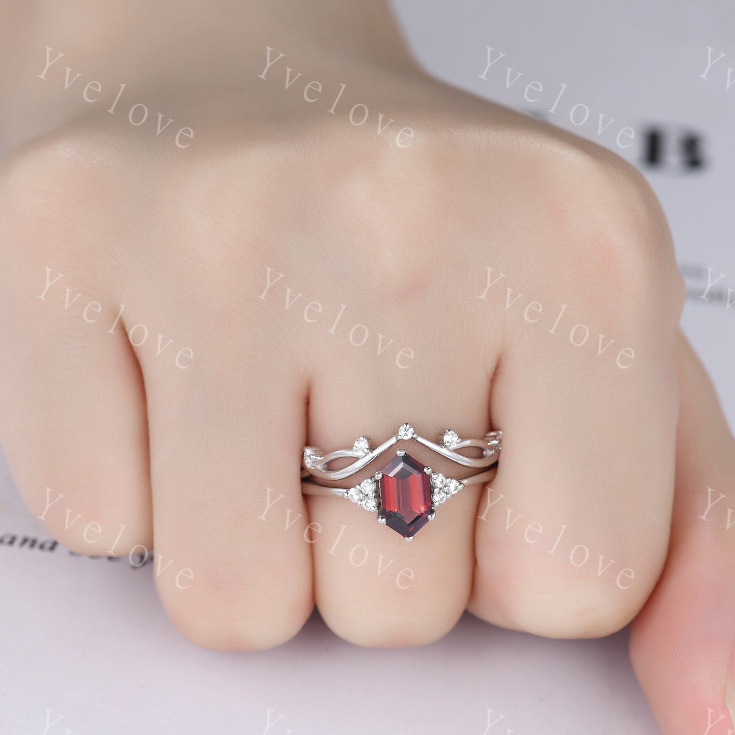 Retro Long hexagon Garnet Ring,Vintage Sterling Silver Ring,Unique Red Garnet Engagement Ring,Promise Ring,January birthday Gift For Her