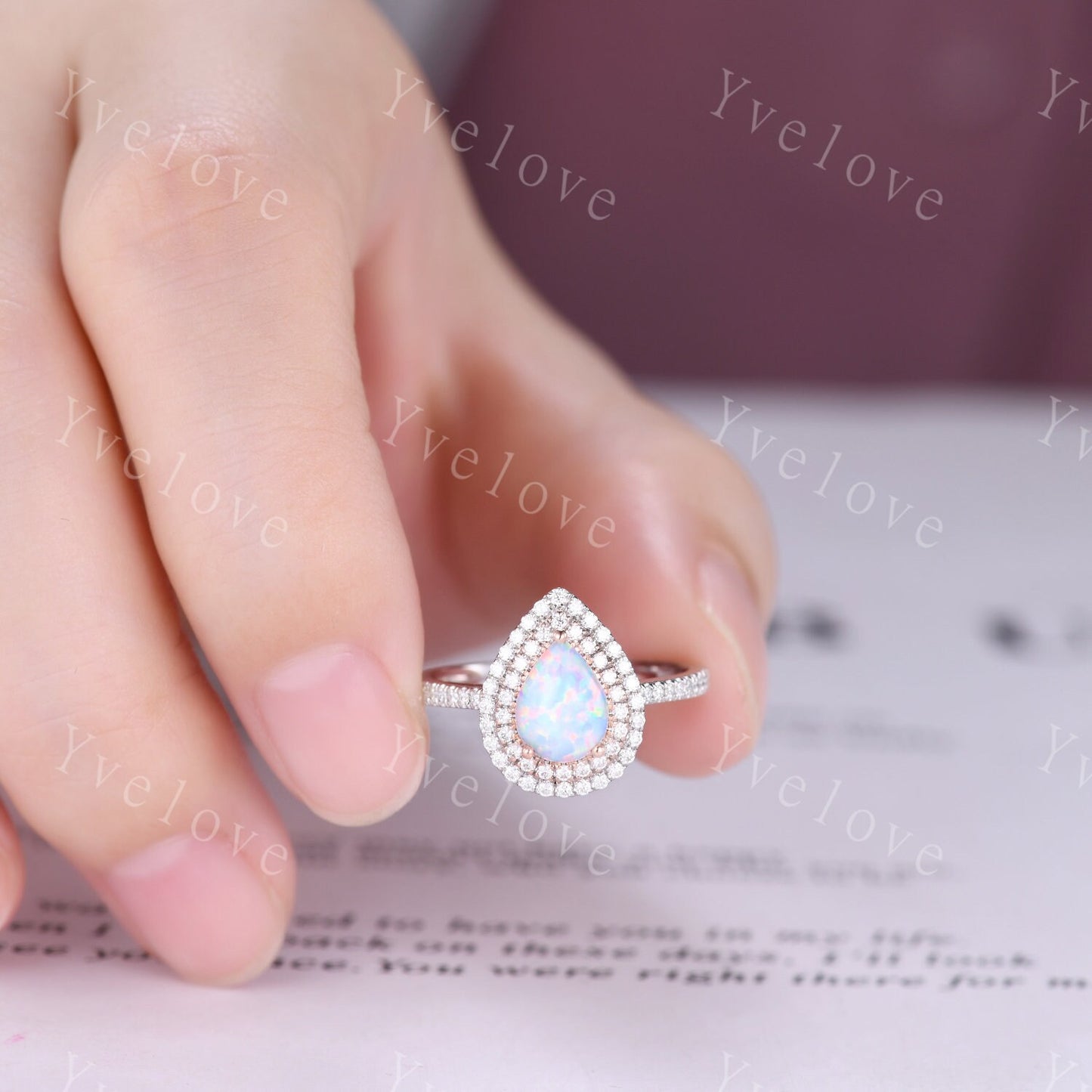Two Tone Ring Pear cut opal engagement ring rose gold and white gold women diamond halo ring October ring promise bridal anniversary gift