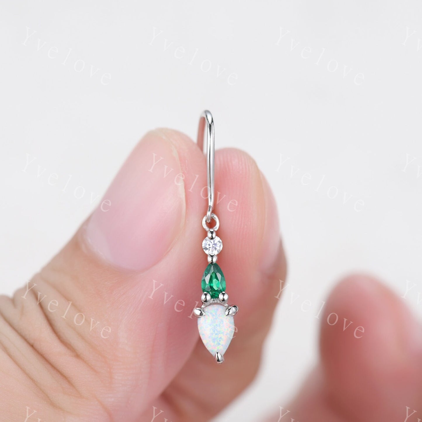 Unique Opal Emerald Earrings,Pear Cut Gems,Art Deco Moissanite Diamond Delicate Dainty Earrings,3 Stone Minimalist Women Gift for Her