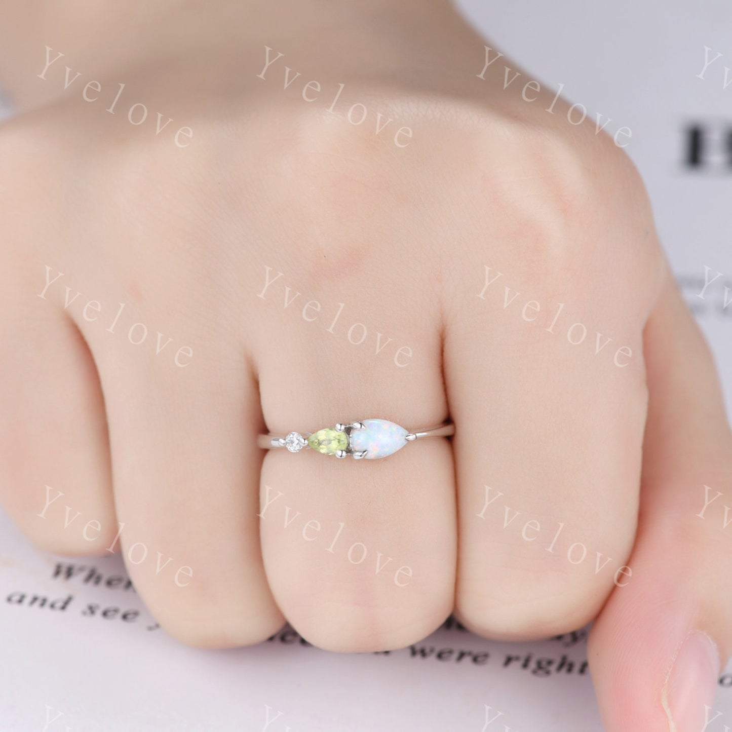 Vintage Opal Peridot Engagement Ring,Pear Cut Gems,Art Deco Moissanite Wedding Band,3 Stone Unique Women Bridal Promise Ring,Birthday Gift