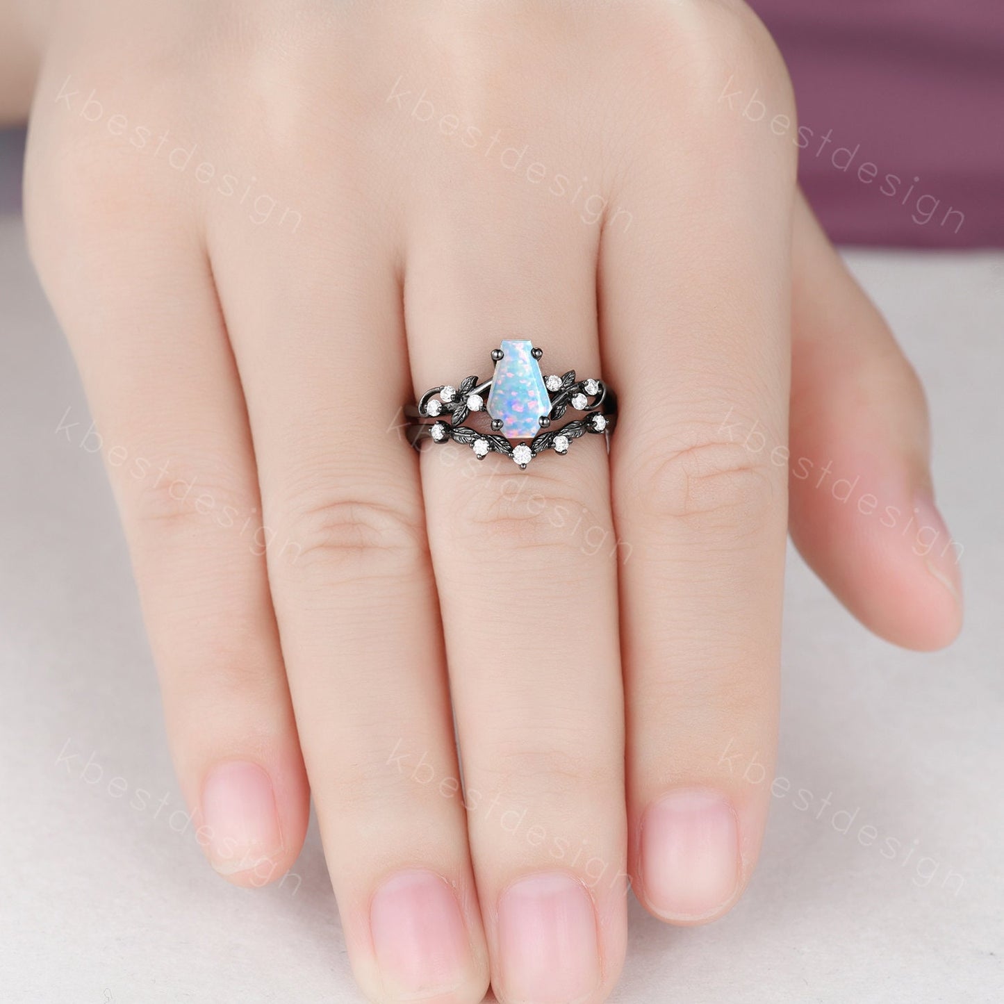 Vintage coffin white opal engagement ring set black gold twig leaf moissanite ring October birthstone ring unique bridal wedding ring set