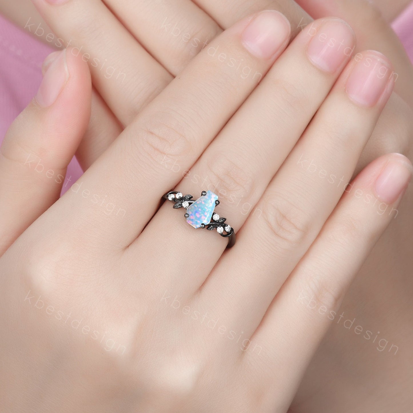 Vintage coffin white opal engagement ring set black gold twig leaf moissanite ring October birthstone ring unique bridal wedding ring set
