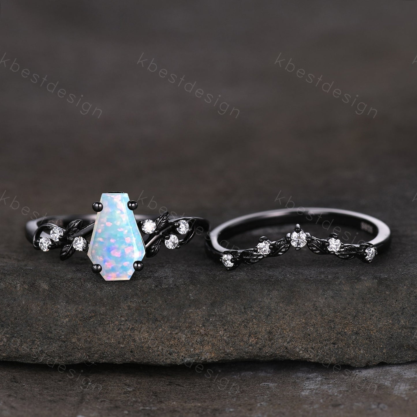 Vintage coffin white opal engagement ring set black gold twig leaf moissanite ring October birthstone ring unique bridal wedding ring set