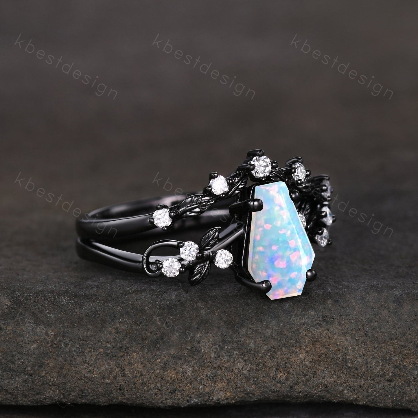 Vintage coffin white opal engagement ring set black gold twig leaf moissanite ring October birthstone ring unique bridal wedding ring set