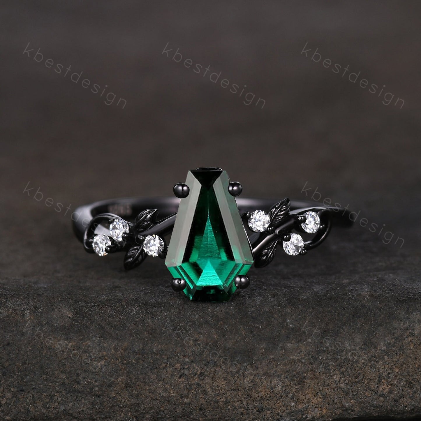 Vintage coffin green emerald engagement ring set black gold twig leaf moissanite ring May birthstone ring unique bridal wedding ring set