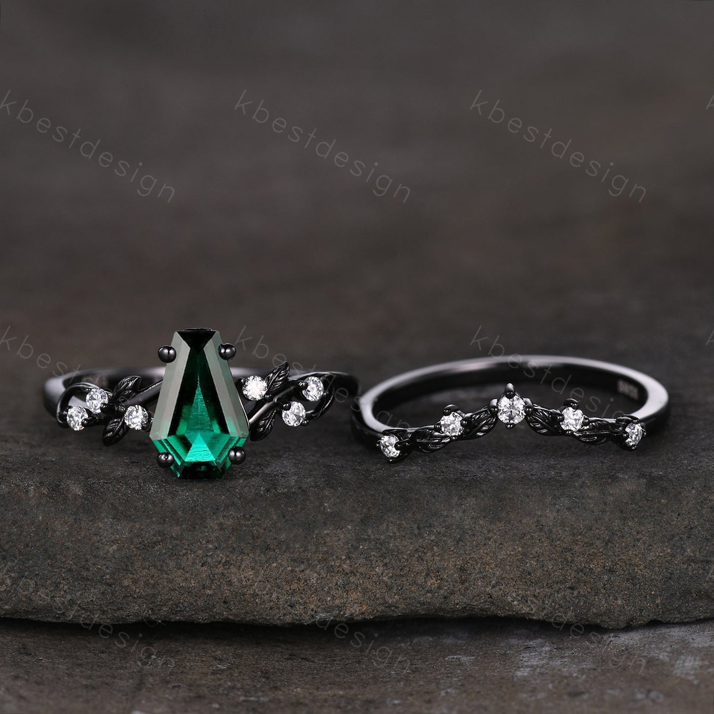 Vintage coffin green emerald engagement ring set black gold twig leaf moissanite ring May birthstone ring unique bridal wedding ring set