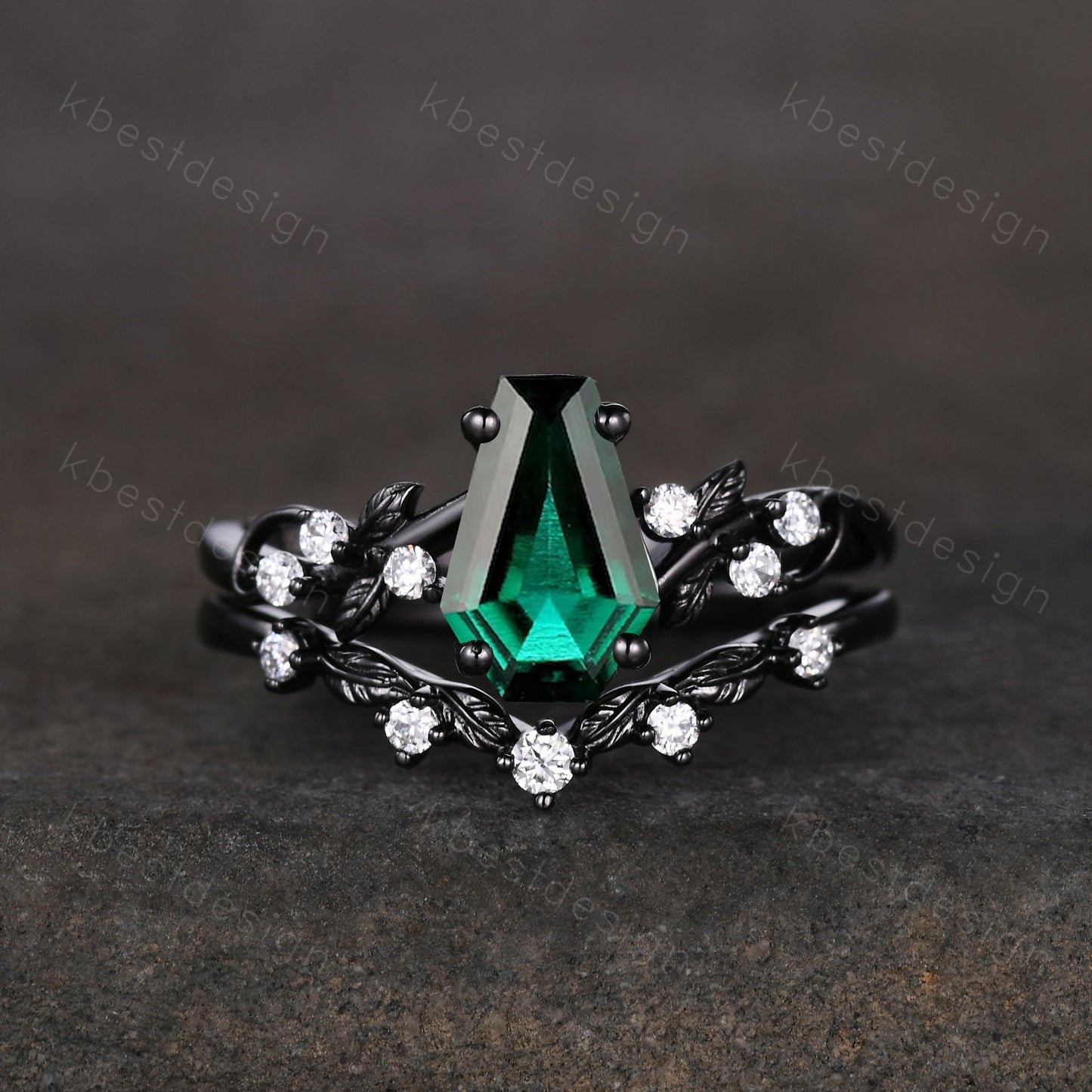Vintage coffin green emerald engagement ring set black gold twig leaf moissanite ring May birthstone ring unique bridal wedding ring set
