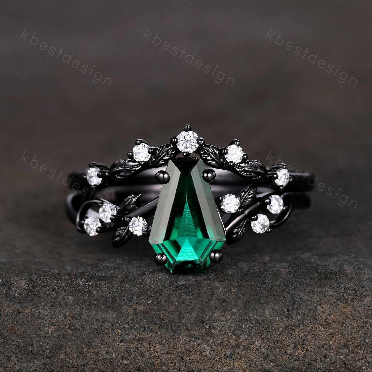Vintage coffin green emerald engagement ring set black gold twig leaf moissanite ring May birthstone ring unique bridal wedding ring set
