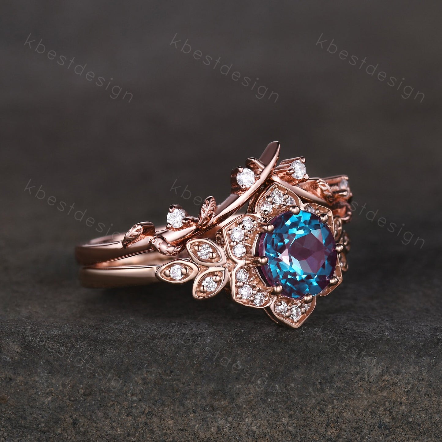 Vintage round Alexandrite engagement ring set antique moissanite halo ring rose gold twig wedding ring June Birthstone ring Promise ring set