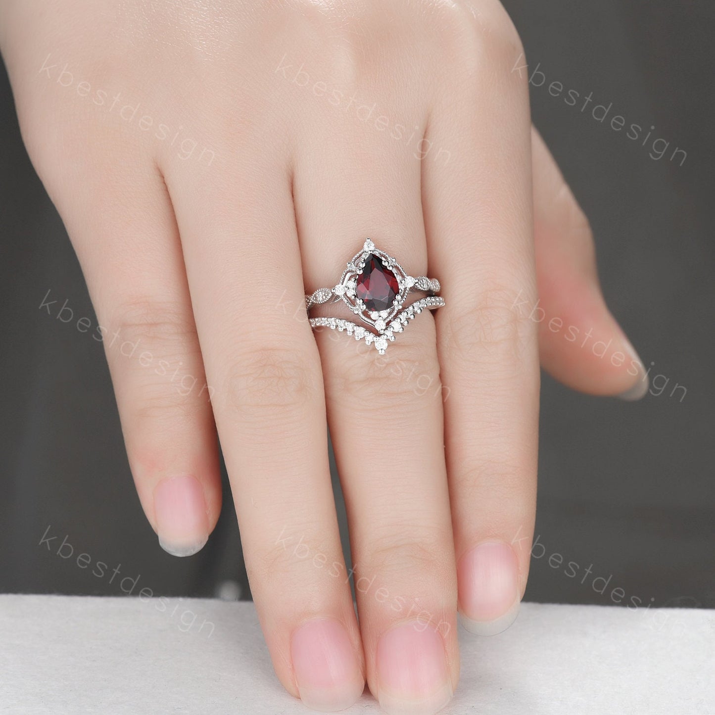 Vintage garnet engagement ring silver ring art deco curved stacking band pear cut bridal set unique moissanite wedding set anniversary gift