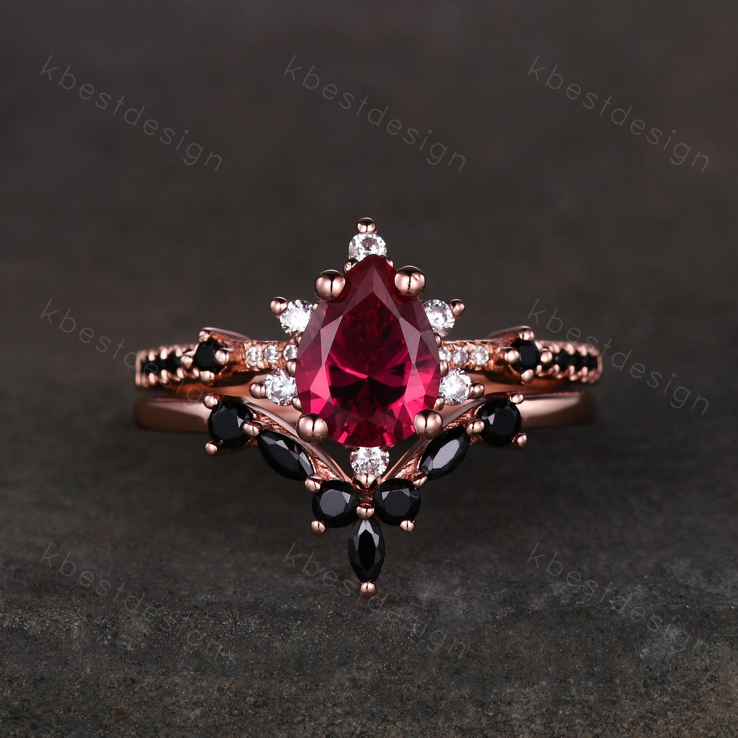 Vintage ruby engagement ring rose gold ring art deco curved black spinel wedding band pear cut bridal set unique anniversary wedding set