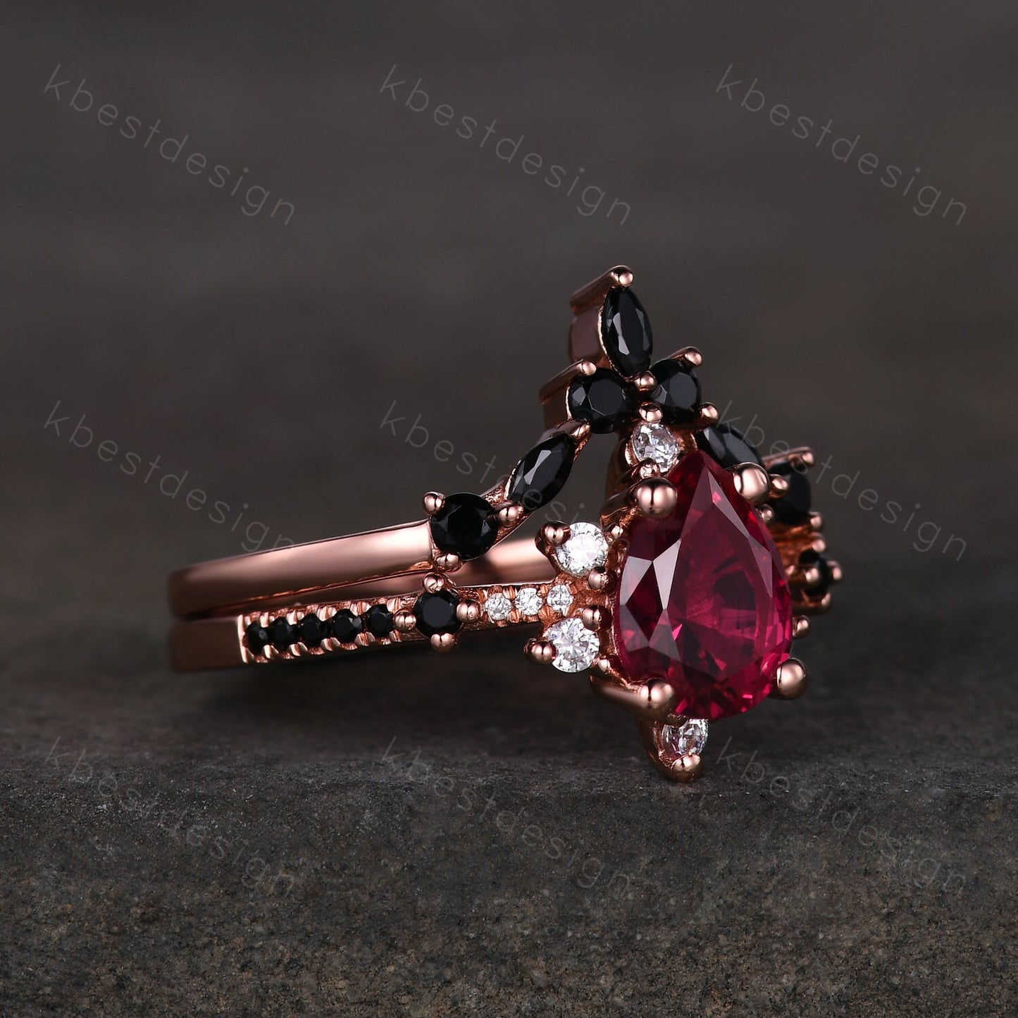 Vintage ruby engagement ring rose gold ring art deco curved black spinel wedding band pear cut bridal set unique anniversary wedding set