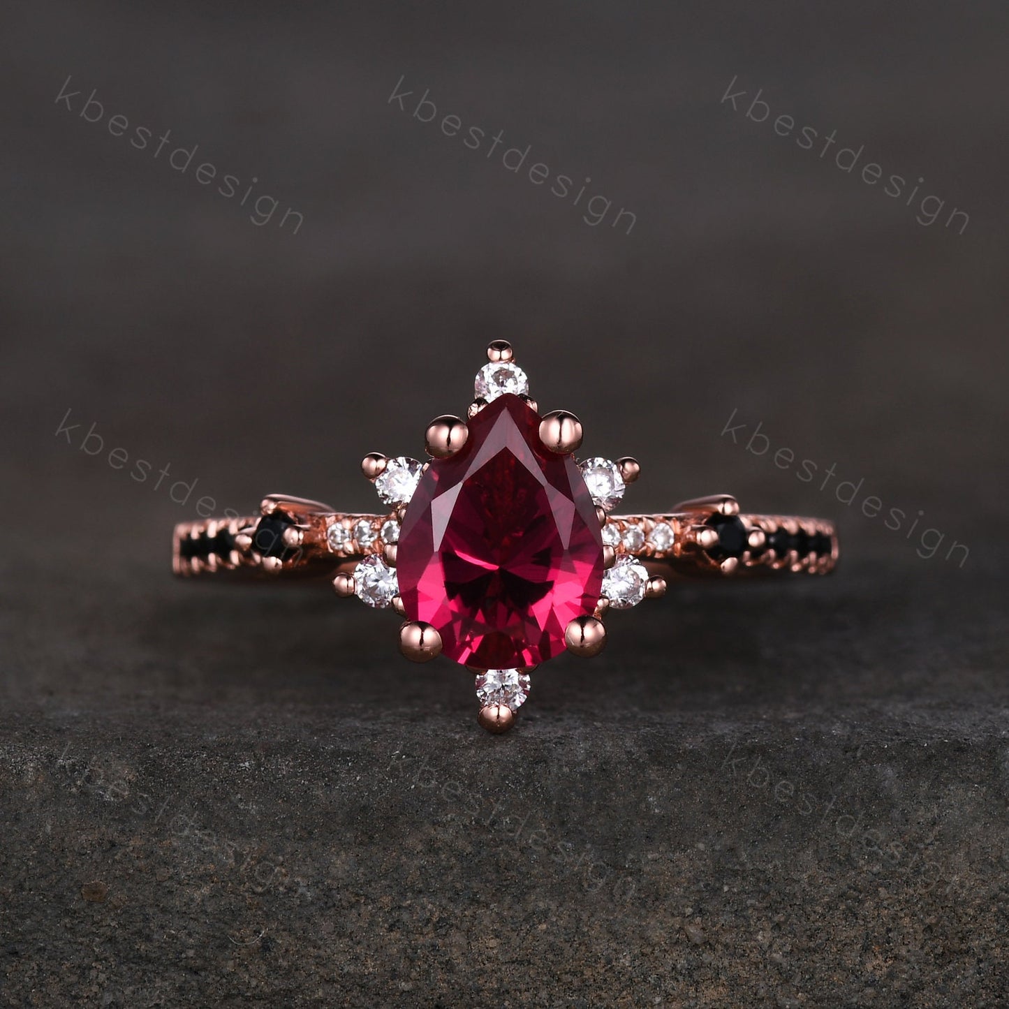 Vintage ruby engagement ring rose gold ring art deco curved black spinel wedding band pear cut bridal set unique anniversary wedding set