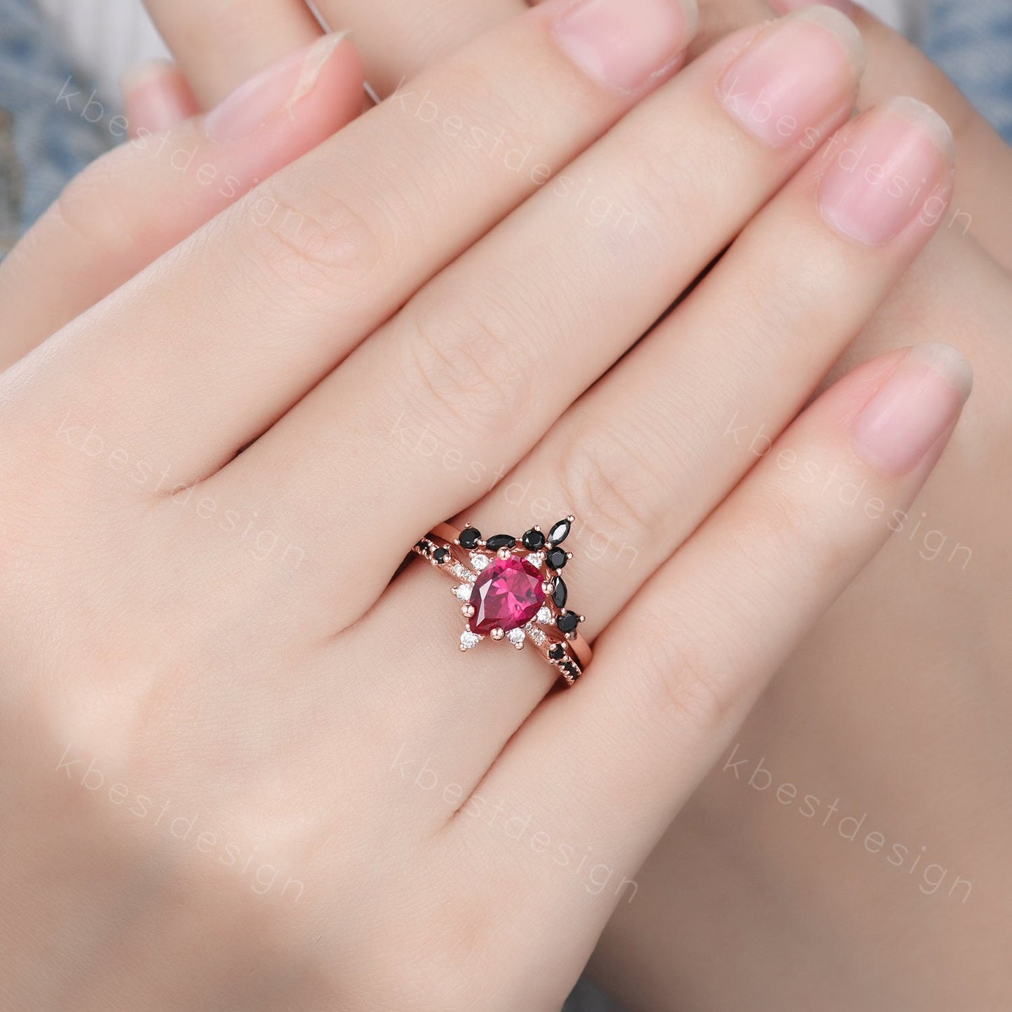 Vintage ruby engagement ring rose gold ring art deco curved black spinel wedding band pear cut bridal set unique anniversary wedding set