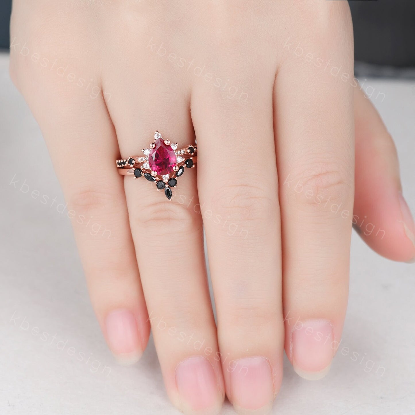 Vintage ruby engagement ring rose gold ring art deco curved black spinel wedding band pear cut bridal set unique anniversary wedding set