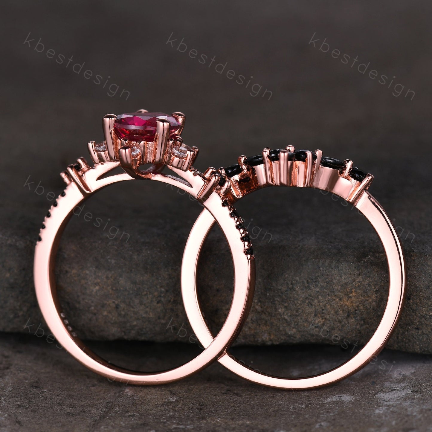 Vintage ruby engagement ring rose gold ring art deco curved black spinel wedding band pear cut bridal set unique anniversary wedding set